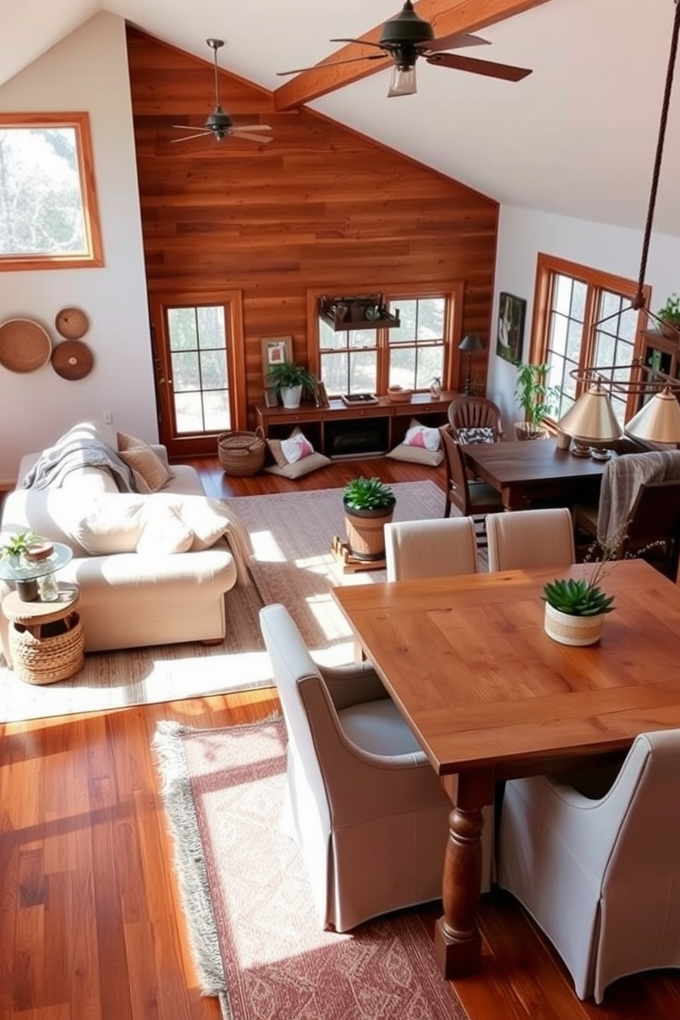 A warm and inviting living room dining room combo features rich wooden floors that complement the warm wood tones of the furniture. The space is adorned with a large, comfortable sectional sofa in a soft neutral fabric, paired with a rustic wooden dining table surrounded by upholstered chairs. Natural light floods the area through large windows, highlighting the earthy color palette of soft browns and greens. Decorative elements such as woven baskets and potted plants enhance the cozy atmosphere, creating a seamless transition between the living and dining spaces.