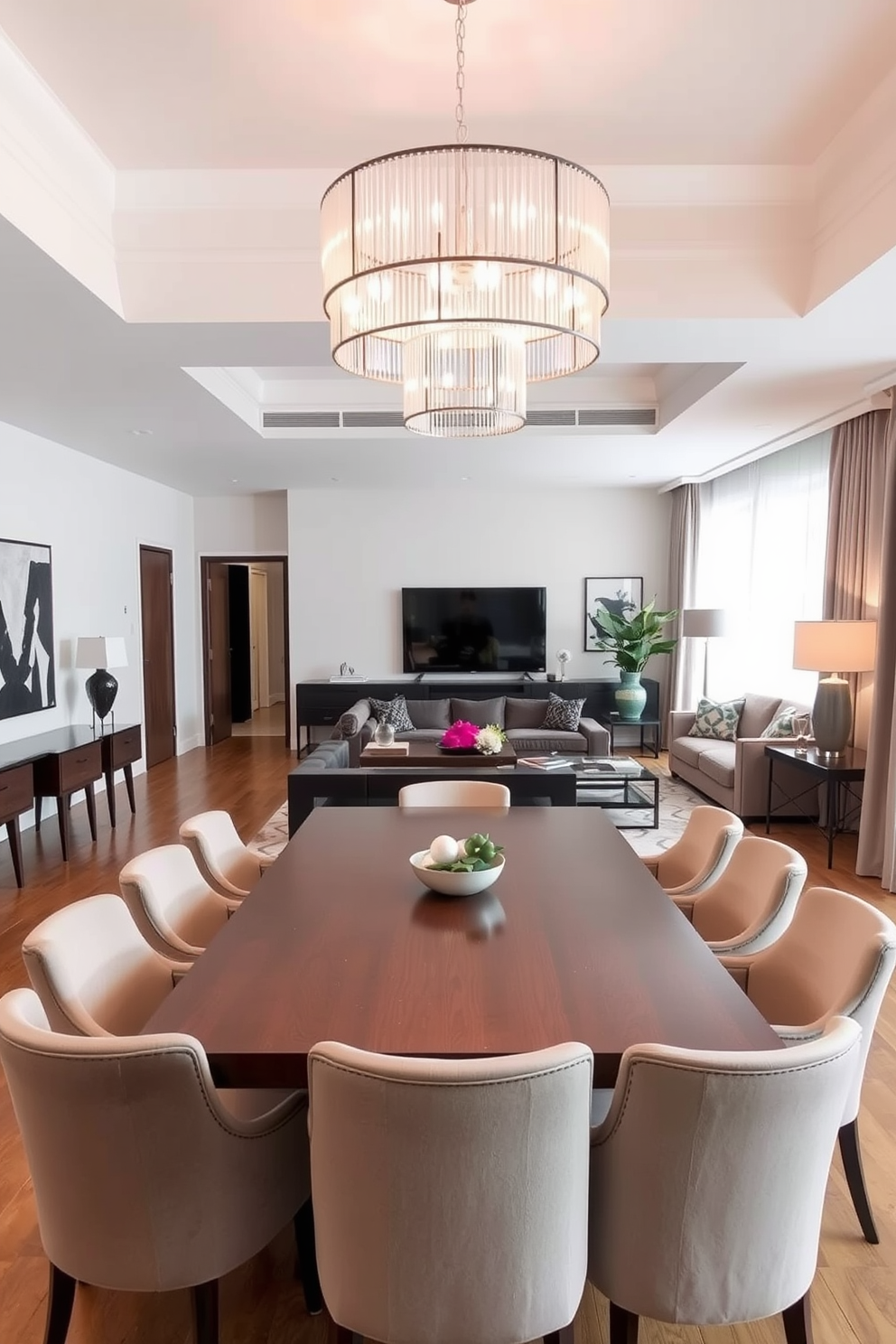 A stylish living room dining room combo featuring an open layout. The space is anchored by a large rectangular dining table surrounded by elegant upholstered chairs. In the living area, a plush sectional sofa is arranged around a modern coffee table. A statement light fixture hangs overhead, casting a warm glow over the entire space.