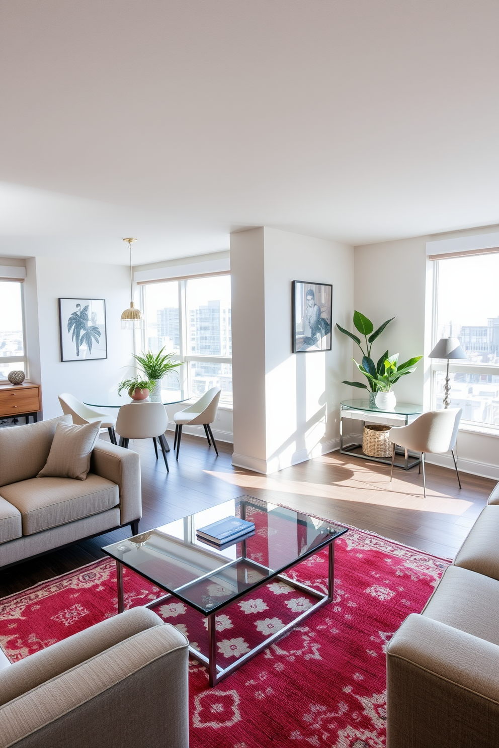 A stylish living room dining room combo featuring a cozy small desk area. The space includes a comfortable sofa in a neutral tone, paired with a sleek glass coffee table and a vibrant area rug. Adjacent to the living space, a modern dining table with elegant chairs is set against a backdrop of large windows. The small desk area is positioned in a corner, complete with a minimalist chair and decorative plants, creating a functional yet inviting atmosphere.