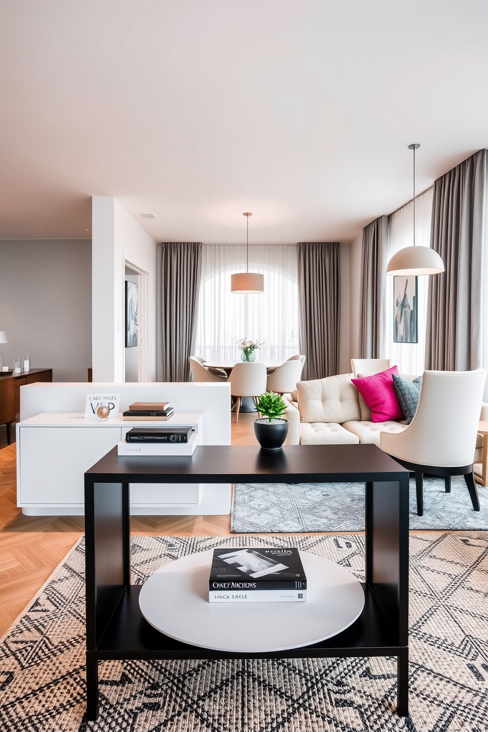 A stylish living room and dining room combination featuring a sleek console table as a divider. The console table is adorned with decorative items and a small plant, creating a seamless transition between the two spaces. The living area showcases a plush sectional sofa in a neutral tone, paired with vibrant throw pillows. Adjacent to the sofa, a modern coffee table sits atop a textured area rug, enhancing the cozy atmosphere. In the dining area, a contemporary dining table is surrounded by elegant chairs, creating an inviting space for gatherings. Soft pendant lighting hangs above the table, adding warmth and character to the room.