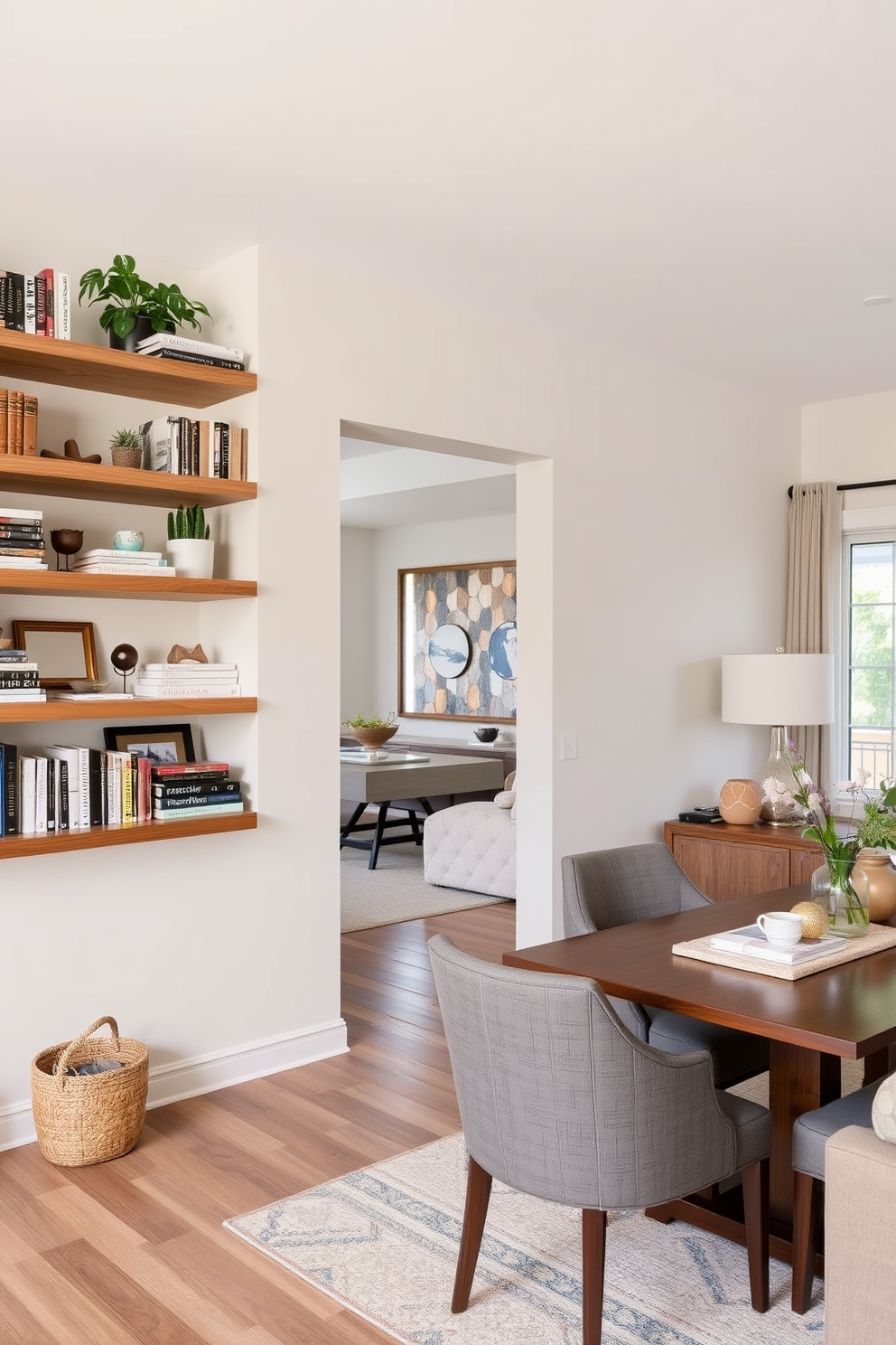 Open shelving is installed along one wall, showcasing an array of decorative items such as books, plants, and art pieces. The shelves are made of reclaimed wood, adding warmth and texture to the space. The living room and dining room are seamlessly integrated, featuring a cohesive color palette of soft neutrals and earthy tones. A stylish dining table sits adjacent to a comfortable seating area, creating an inviting atmosphere for gatherings.