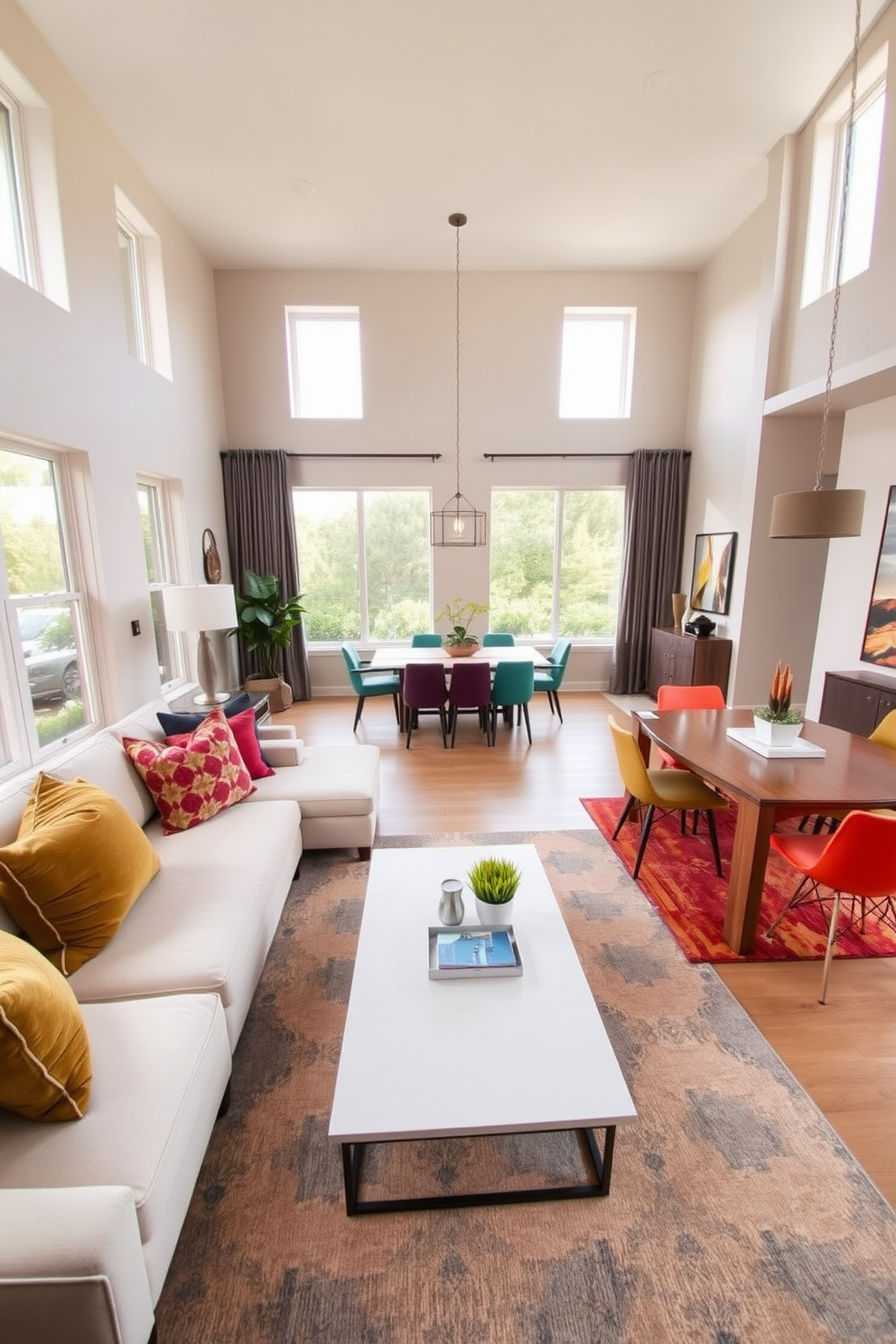 A spacious living room and dining room combo featuring a neutral palette of soft beige and warm gray tones. Colorful accessories such as vibrant throw pillows and a bold area rug add pops of color, creating a lively yet sophisticated atmosphere. The living area includes a plush sectional sofa facing a sleek coffee table, while the dining space showcases a modern wooden table surrounded by colorful chairs. Large windows allow natural light to flood the space, enhancing the inviting ambiance and highlighting the carefully curated decor.