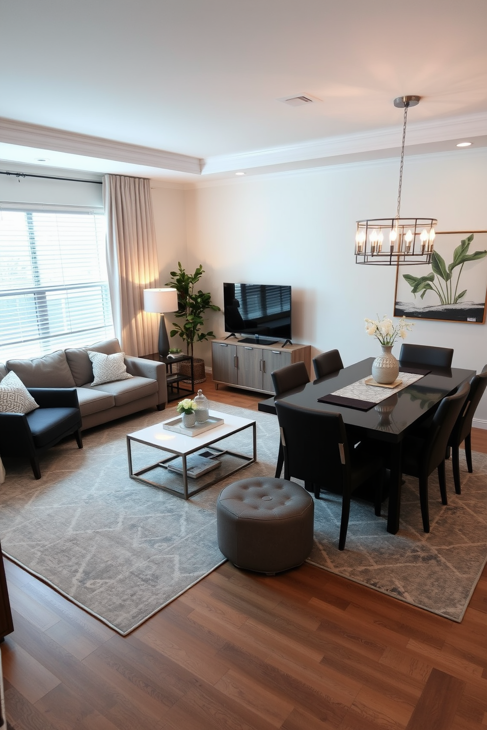 A cozy living room and dining room combo featuring a large area rug that defines the living space. The rug is adorned with a subtle geometric pattern, anchoring a plush sectional sofa and a pair of accent chairs around a sleek coffee table. Adjacent to the living area, a stylish dining table sits on a complementary rug that enhances the dining experience. This space is illuminated by a modern chandelier, creating an inviting atmosphere for gatherings and meals.