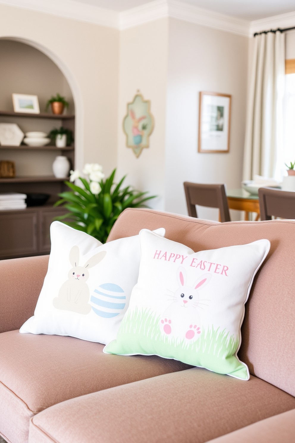 A cozy living room adorned with Easter themed throw pillows on a plush couch. The pillows feature pastel colors and playful designs, adding a festive touch to the space.