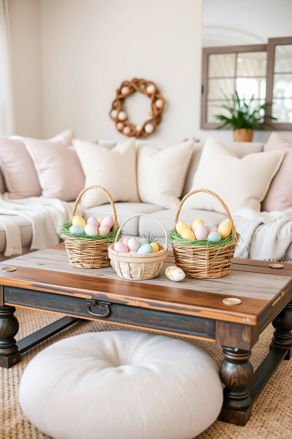 A cozy living room adorned for Easter with decorative baskets filled with colorful eggs. The baskets are strategically placed on a rustic coffee table, surrounded by soft pastel cushions and a light throw blanket draped over the couch.