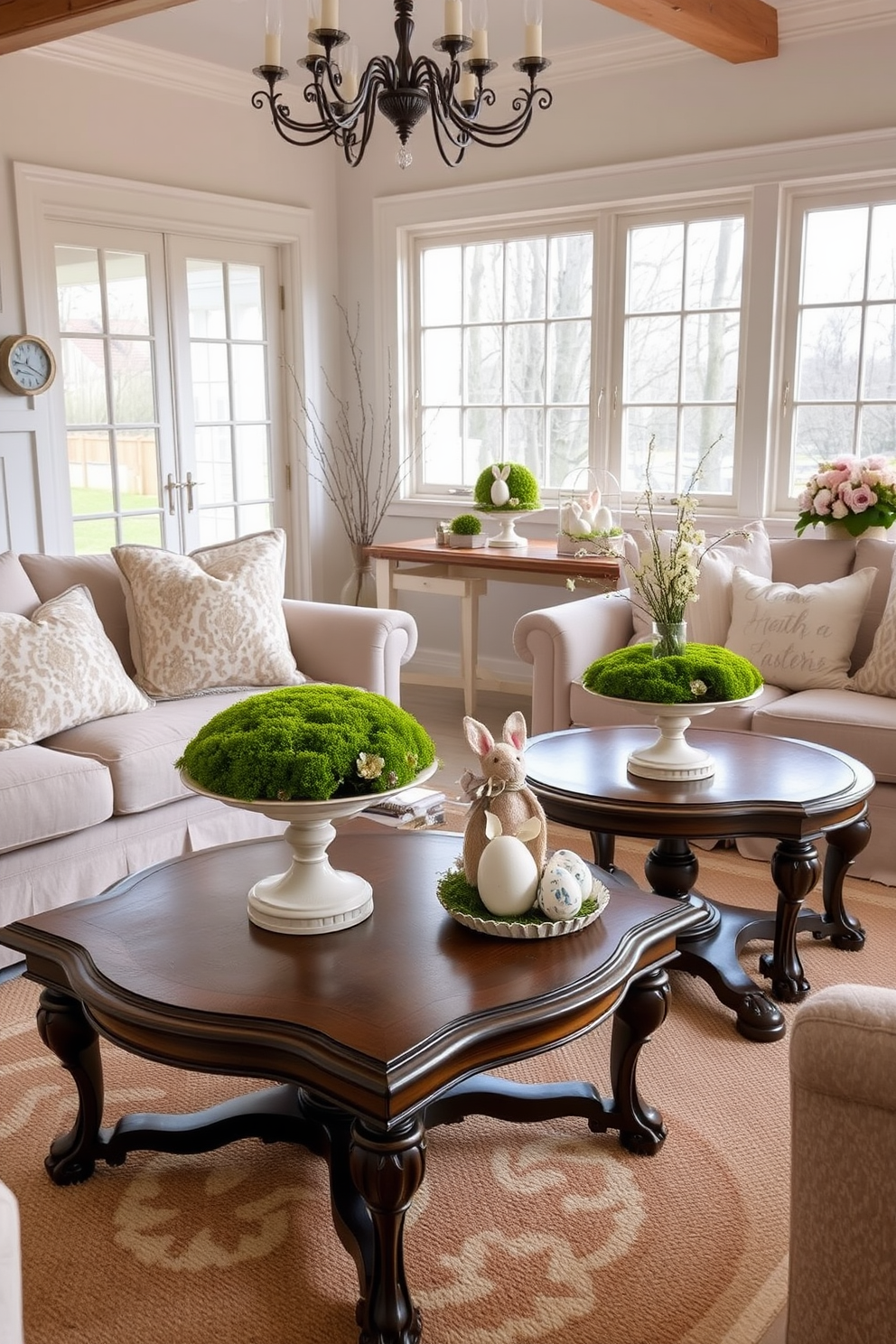 A cozy living room adorned with moss covered centerpieces on elegant wooden tables. Soft pastel colors dominate the decor, complemented by plush cushions and a warm area rug. Delicate Easter decorations are artfully arranged throughout the space, featuring hand-painted eggs and floral arrangements. Natural light streams in through large windows, enhancing the cheerful and inviting atmosphere.