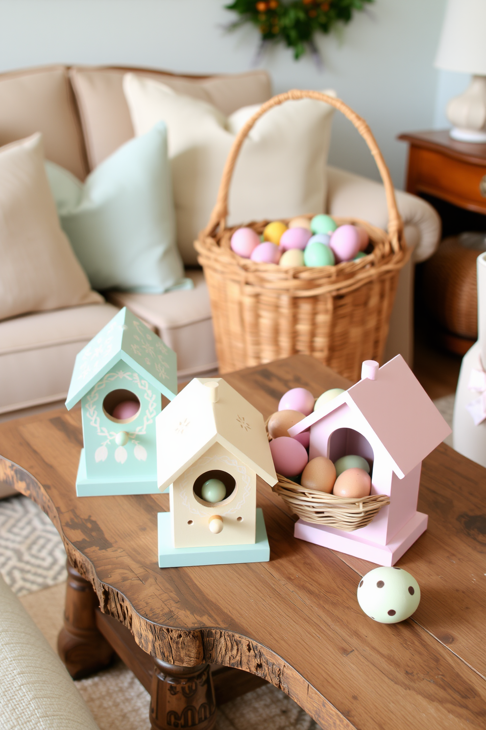 Charming birdhouses as table decor. Each birdhouse is painted in pastel colors with intricate designs and placed on a rustic wooden table. Living Room Easter Decorating Ideas. The space is adorned with soft pastel cushions and a large woven basket filled with colorful eggs, creating a warm and inviting atmosphere.