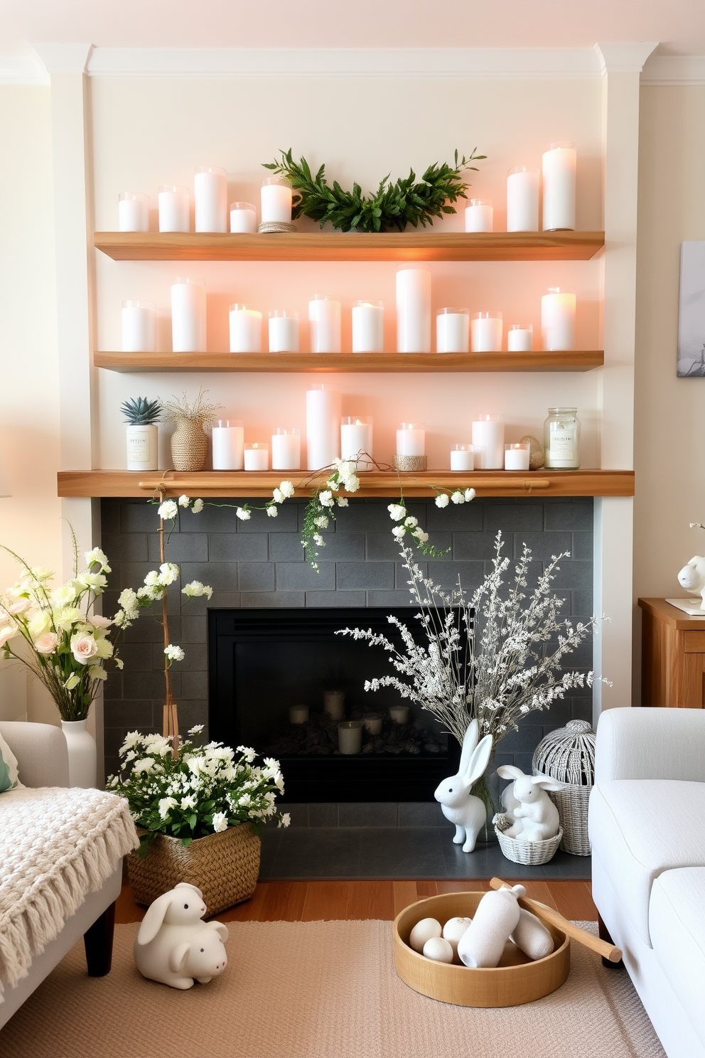 A cozy living room adorned with shelves filled with candles in soft pastel colors. The warm ambiance is enhanced by decorative Easter elements, such as floral arrangements and themed accents, creating a cheerful and inviting atmosphere.