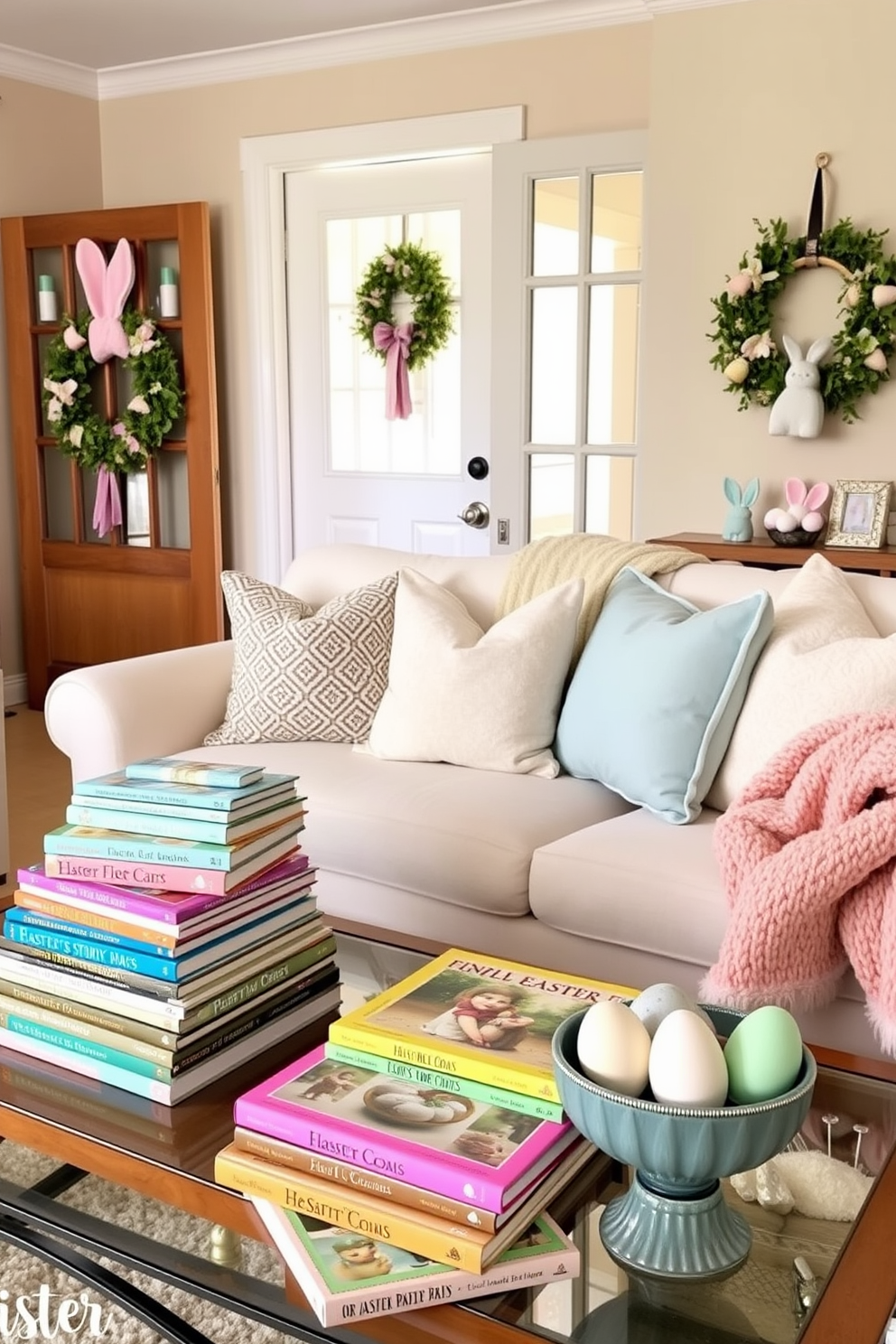 A cozy living room adorned with Easter-themed decorations. There are stacks of colorful books featuring Easter stories and crafts arranged decoratively on a coffee table. Soft pastel colors dominate the decor, with plush pillows and a throw blanket draped over a light-colored sofa. A cheerful Easter wreath hangs on the door, and a few decorative eggs are nestled in a bowl on the side table.