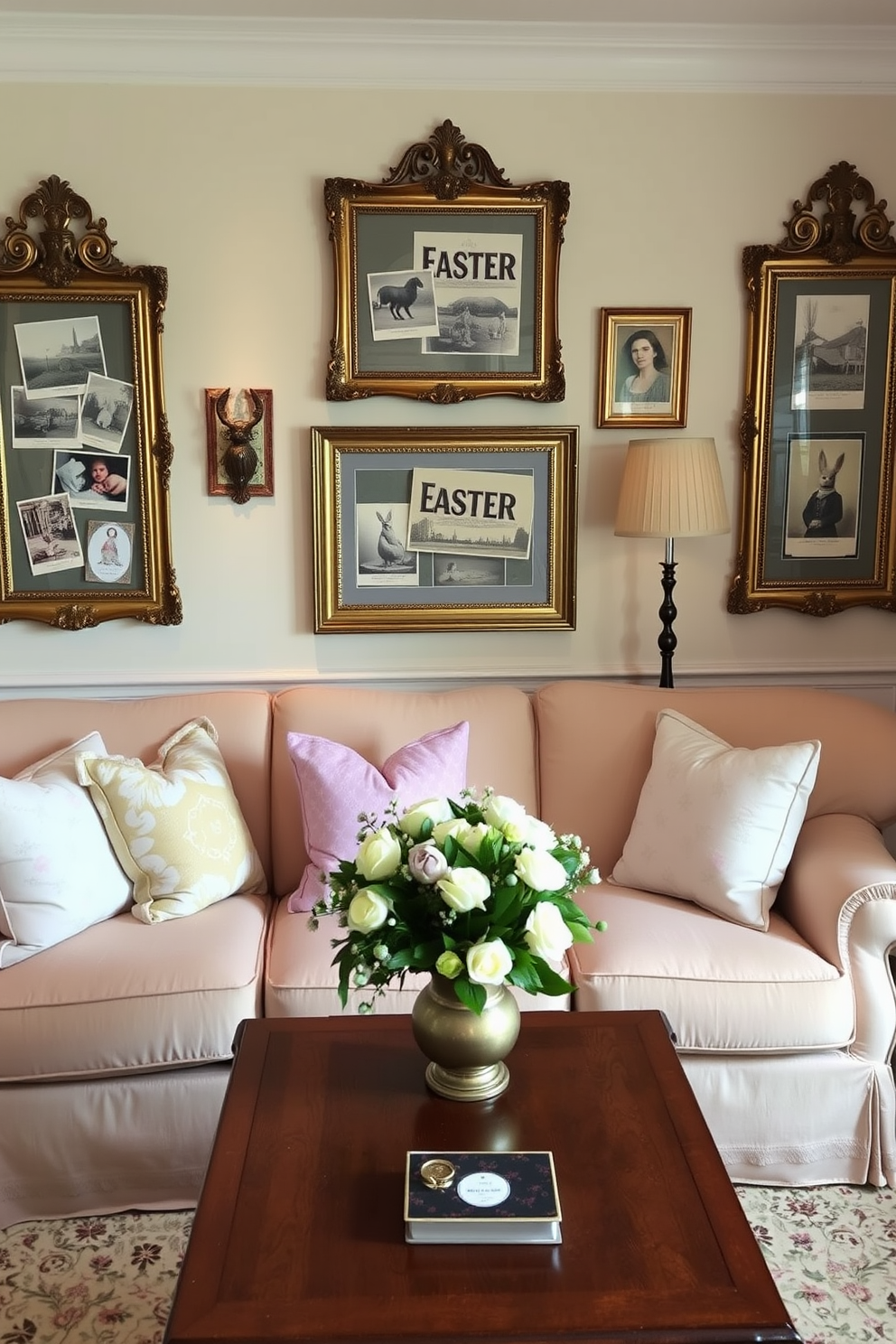 A cozy living room adorned with vintage Easter postcards elegantly displayed in ornate frames on the walls. The space features a plush sofa with pastel-colored cushions, a wooden coffee table topped with a floral arrangement, and soft lighting that creates a warm, inviting atmosphere.