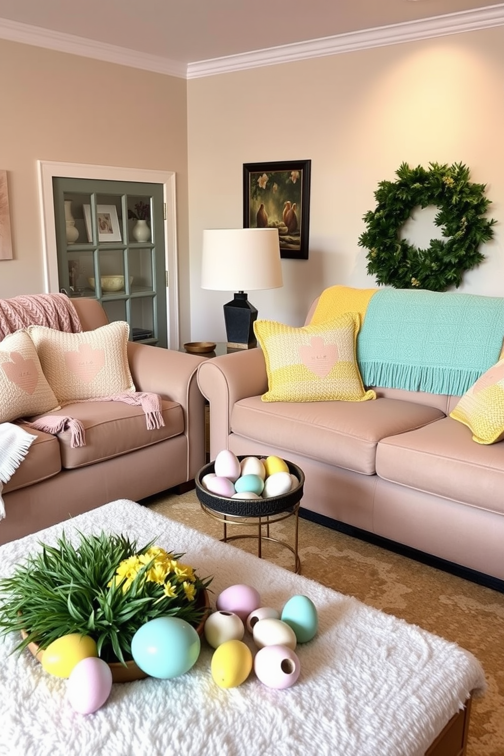 A cozy living room adorned for Easter with seasonal throw blankets draped over plush sofas. The space features pastel-colored pillows and decorative eggs scattered on a coffee table, creating a cheerful and inviting atmosphere.