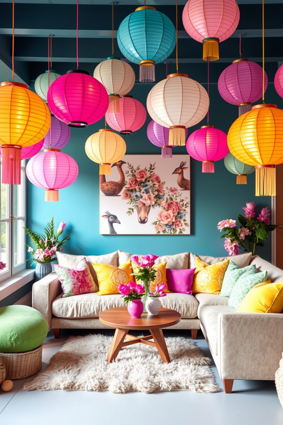 A vibrant living room adorned with hanging paper lanterns in bright colors. The space features a cozy seating arrangement with a plush sofa and colorful cushions, creating a cheerful atmosphere for Easter celebrations.