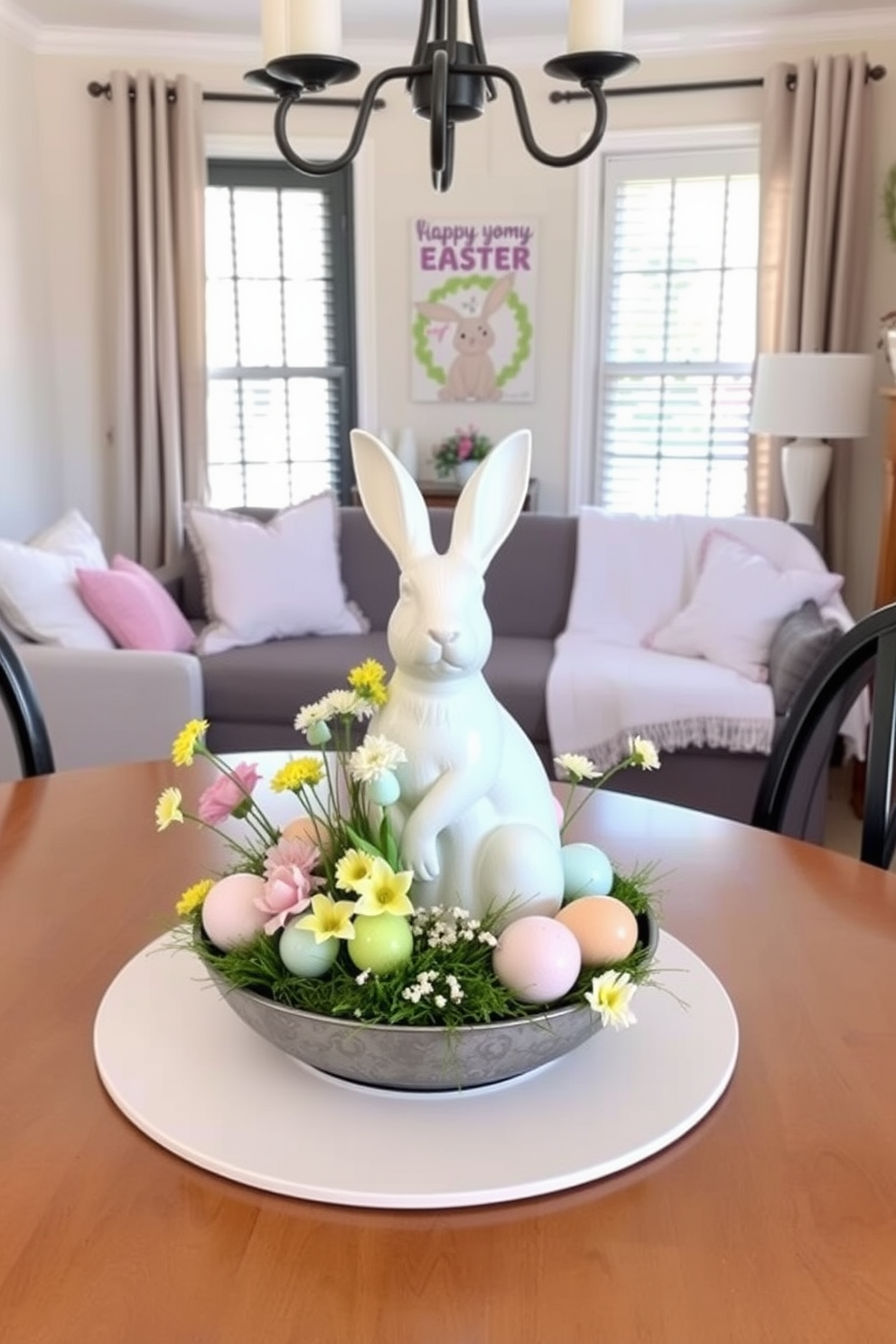 A charming Easter bunny centerpiece graces the dining table. The centerpiece features a white ceramic bunny surrounded by pastel-colored eggs and fresh spring flowers. The living room is adorned with cheerful Easter decorations that create a festive atmosphere. Soft pastel cushions and a whimsical bunny-themed throw blanket complement the seasonal decor.