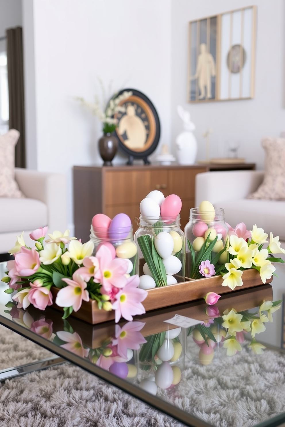 A stylish living room adorned for Easter features decorative glass jars filled with beautifully colored eggs displayed on a sleek coffee table. The jars are arranged alongside fresh spring flowers in pastel hues, creating a cheerful and inviting atmosphere.