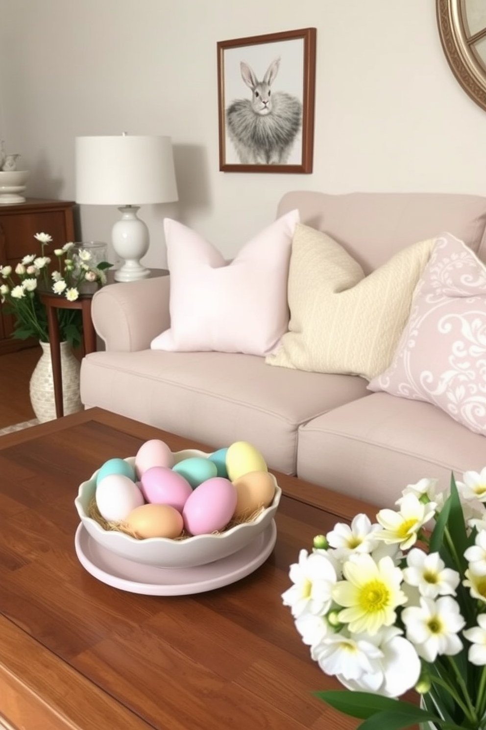 A cozy living room decorated for Easter with pastel colored decorative eggs arranged in various bowls on a coffee table. Soft throw pillows in complementary pastel shades adorn the sofa, and a floral arrangement with spring blooms sits nearby, enhancing the festive atmosphere.