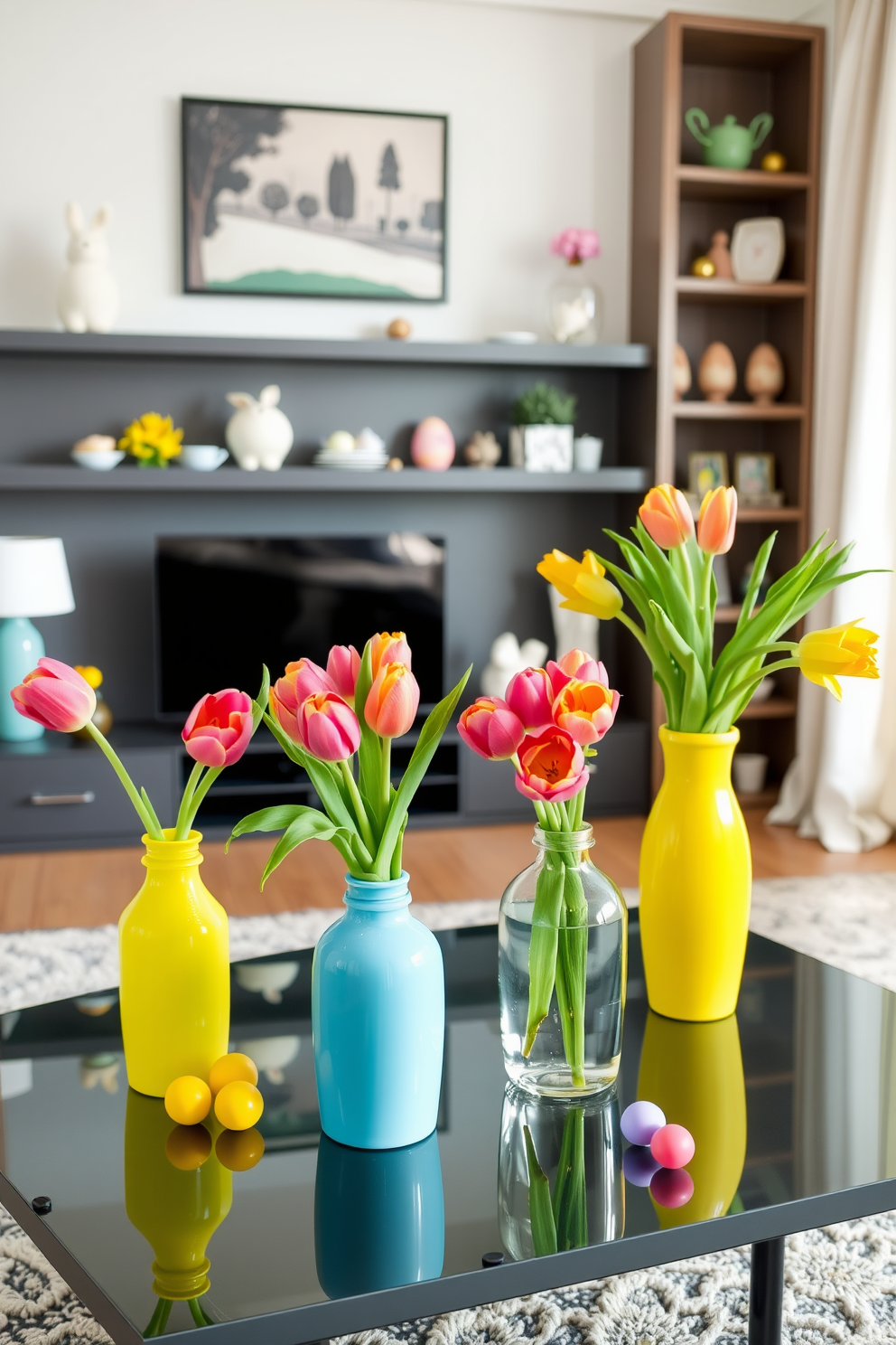 Brightly colored vases filled with vibrant tulips are arranged on a sleek coffee table in a modern living room. The space is adorned with pastel accents and cheerful decorations that evoke the spirit of Easter, creating a warm and inviting atmosphere.