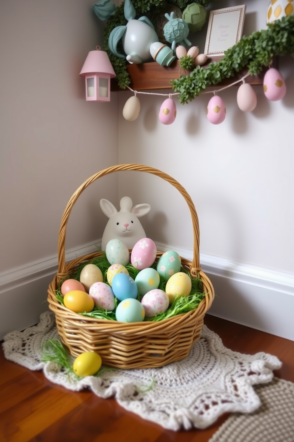 A charming Easter egg hunt display nestled in the corner of a cozy living room. The space is adorned with pastel-colored decorations, featuring an assortment of beautifully painted eggs arranged in a wicker basket.