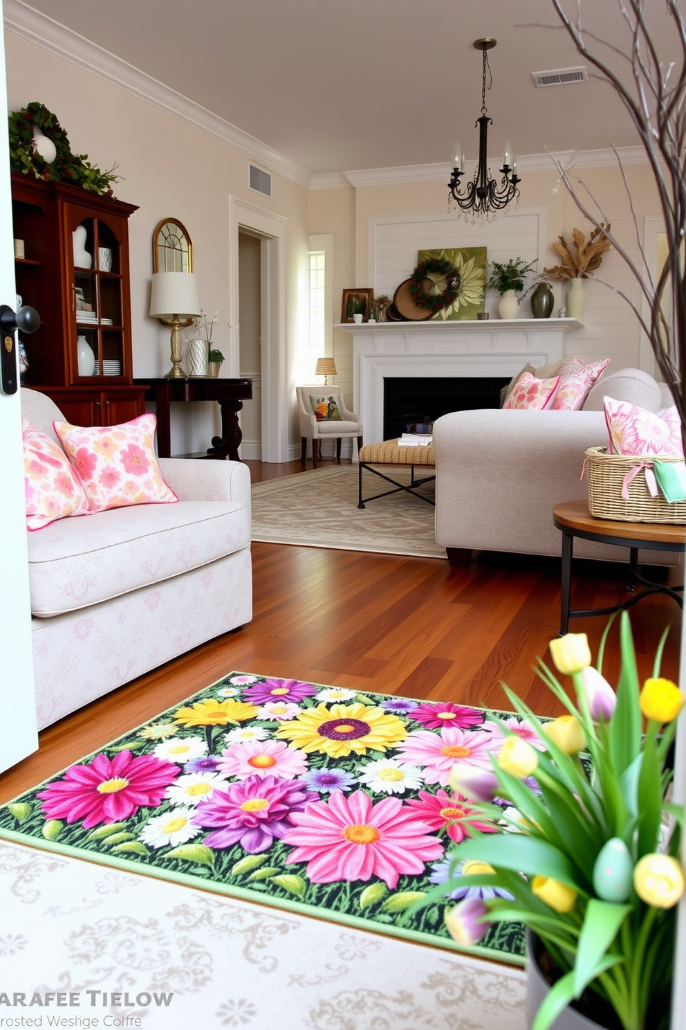 Floral doormat at living room entry. The vibrant colors of the flowers create a welcoming atmosphere as guests step inside. Living room Easter decorating ideas. Soft pastel hues adorn the space, with decorative eggs and spring-themed accents enhancing the festive spirit.