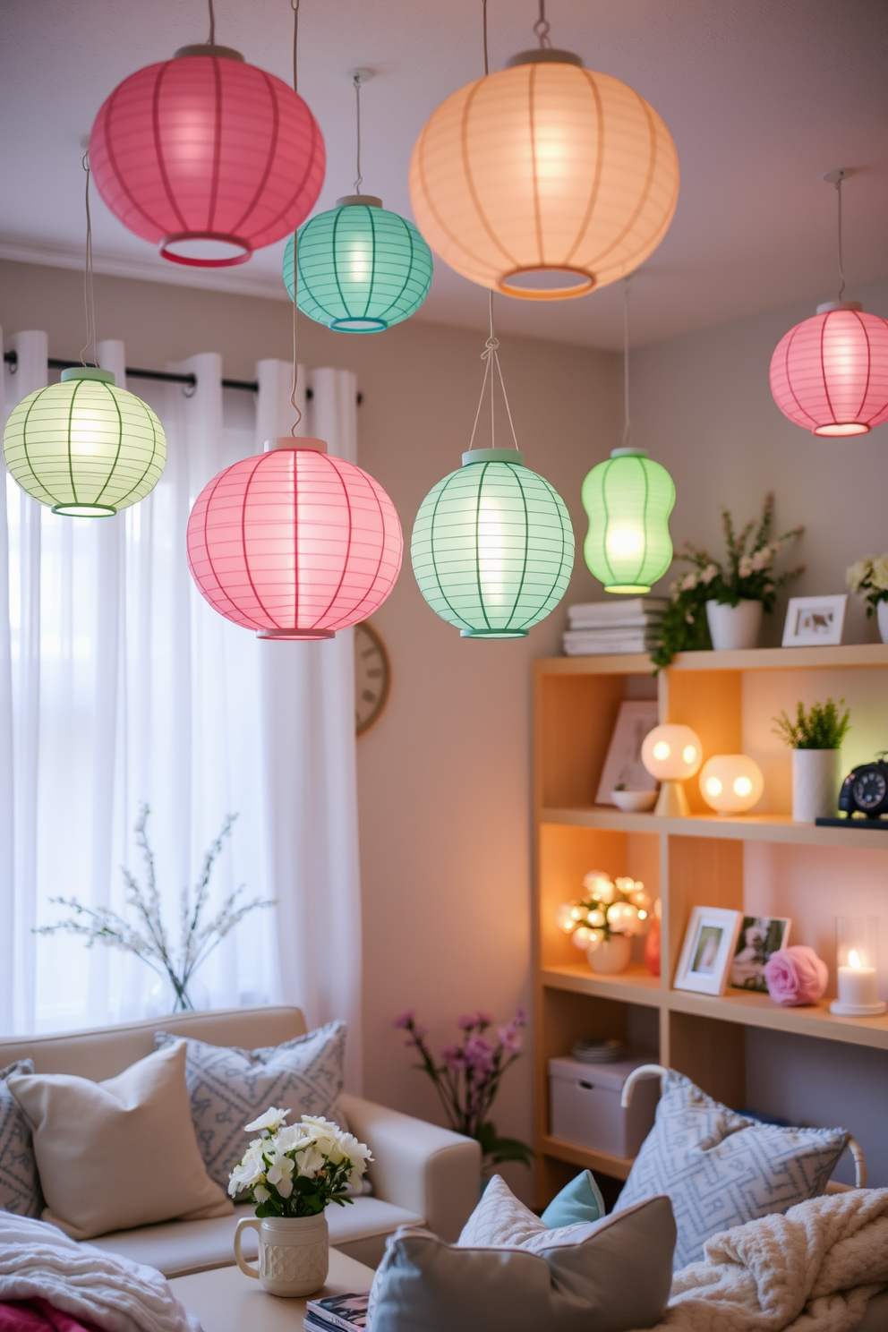 A cozy living room adorned with pastel colored lanterns hanging from the ceiling and placed on shelves. The soft glow of the lanterns creates a warm atmosphere, complementing the spring-themed decorations throughout the space.