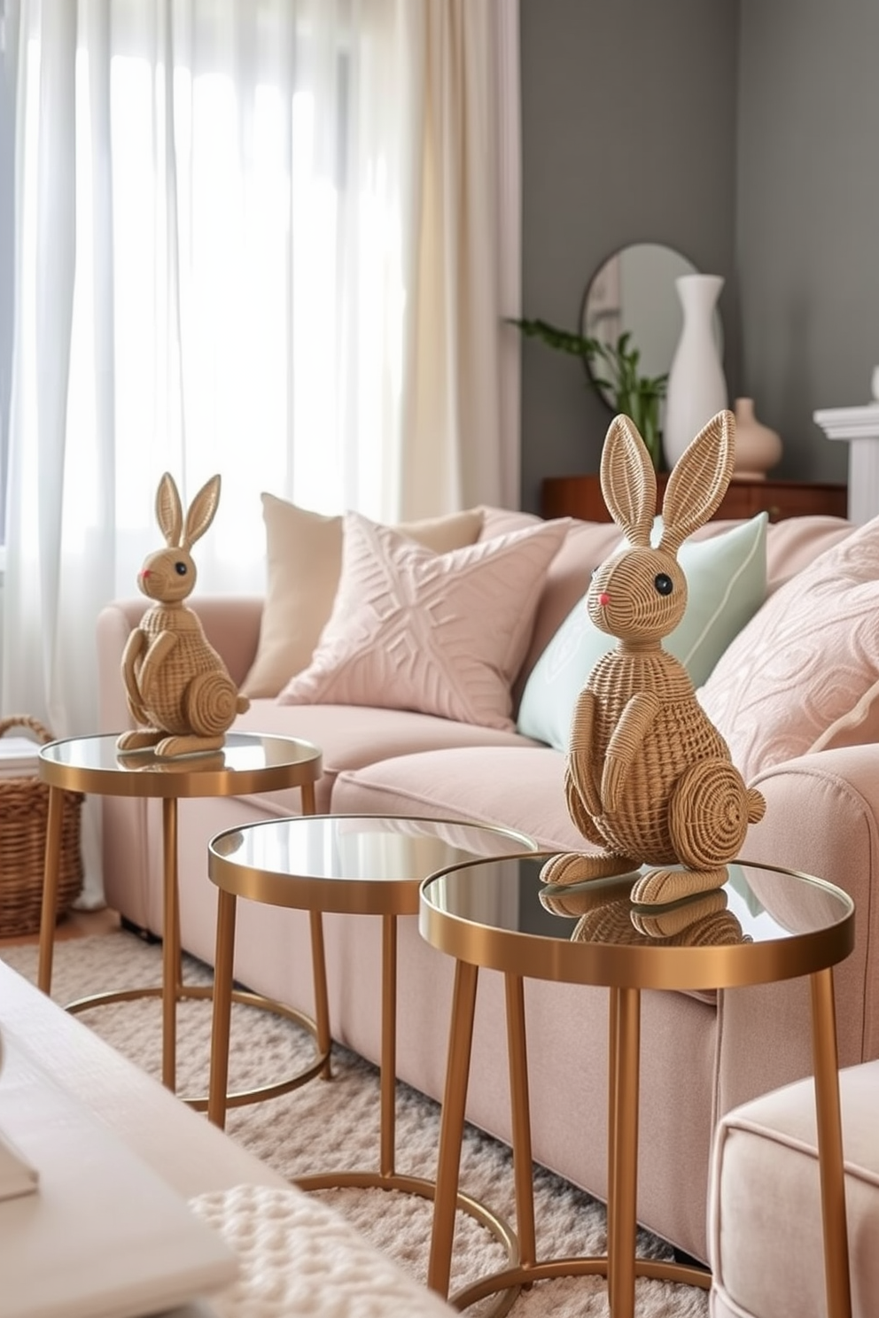 A cozy living room setting adorned with rattan bunnies placed on stylish side tables. The bunnies are complemented by pastel-colored cushions on a plush sofa and a light, airy atmosphere created by sheer curtains.