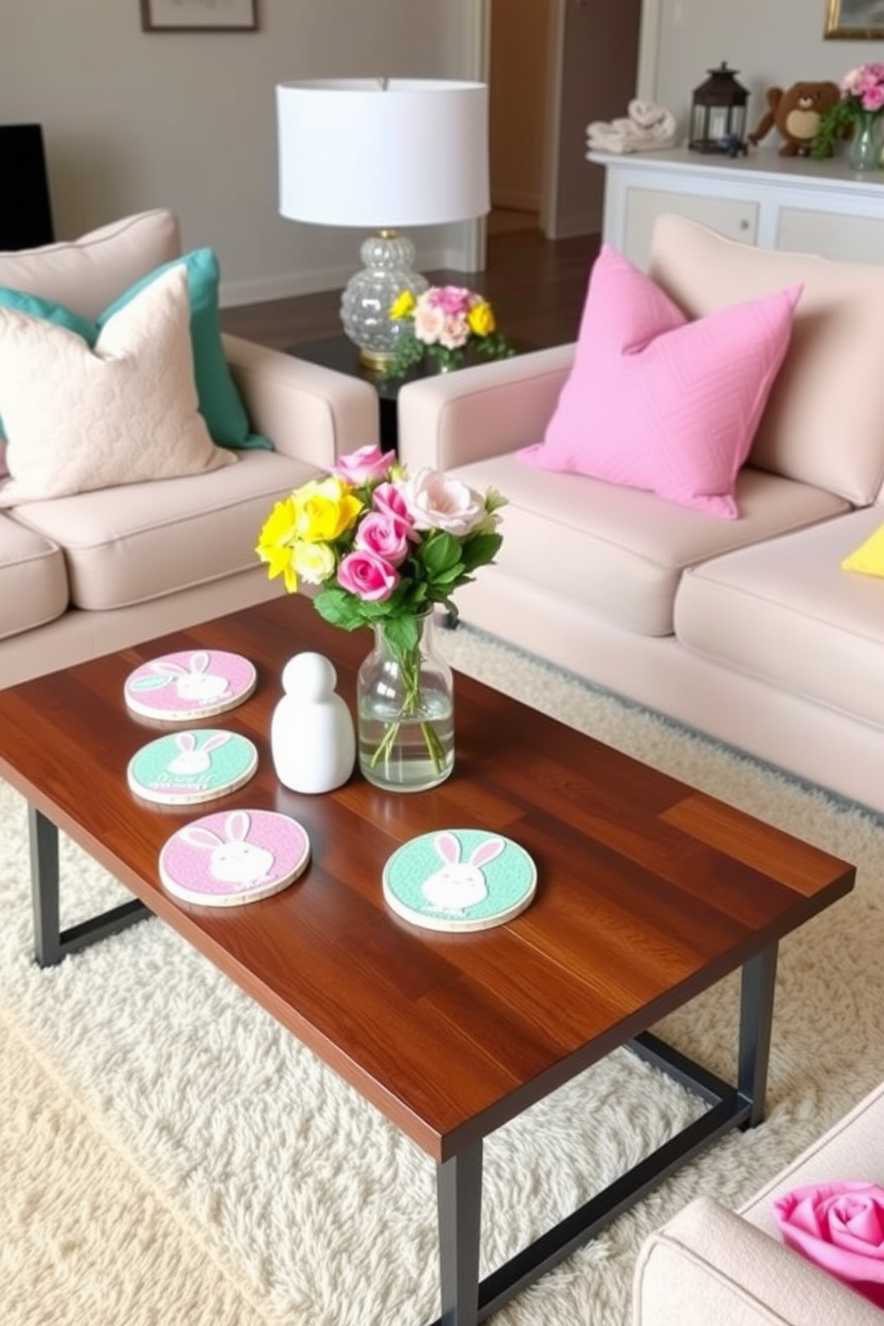 A cozy living room setting adorned with Easter themed coasters placed on a sleek wooden coffee table. The coasters feature pastel colors and playful bunny designs, adding a festive touch to the space. Surrounding the coffee table, plush seating in soft neutral tones invites relaxation. Brightly colored throw pillows and a floral arrangement complete the cheerful Easter decor.