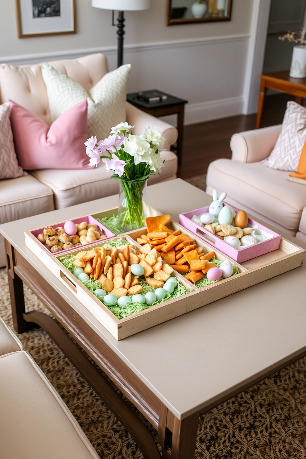 A beautifully arranged coffee table featuring decorative trays filled with an assortment of seasonal snacks. The trays are adorned with vibrant colors and textures, creating a festive atmosphere for Easter celebrations in the living room. Surrounding the table, plush seating in soft pastels invites guests to relax and enjoy the treats. Fresh flowers in a vase add a touch of spring, complementing the cheerful decor throughout the space.