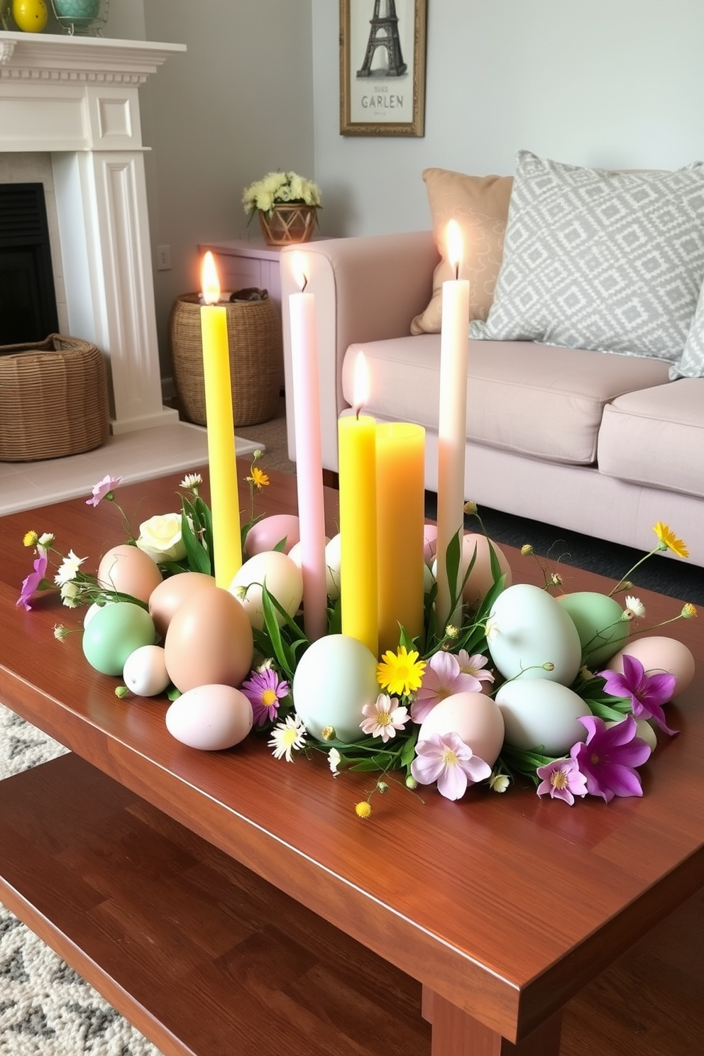 A cozy living room setting adorned with eggshell candles in various colors placed on a wooden coffee table. The candles are arranged artfully among pastel-colored decorative eggs and spring flowers, creating a vibrant Easter ambiance.