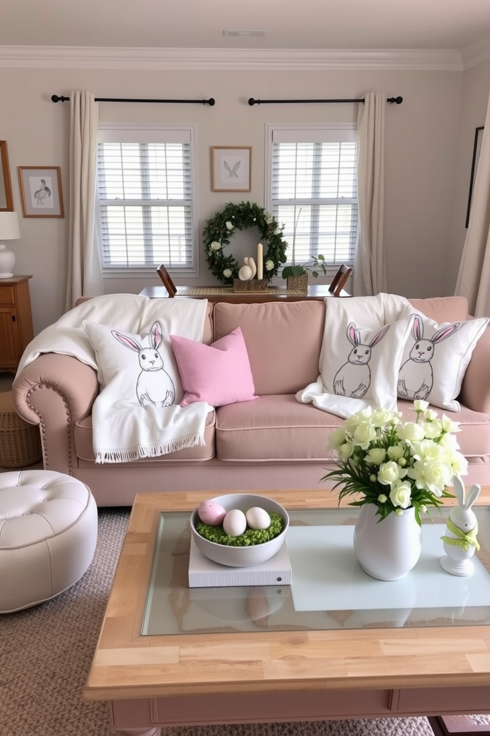 A cozy living room adorned with charming bunny prints on soft throw blankets draped over a plush sofa. The space is filled with pastel-colored cushions, and a coffee table is decorated with Easter-themed centerpieces, creating a warm and inviting atmosphere.