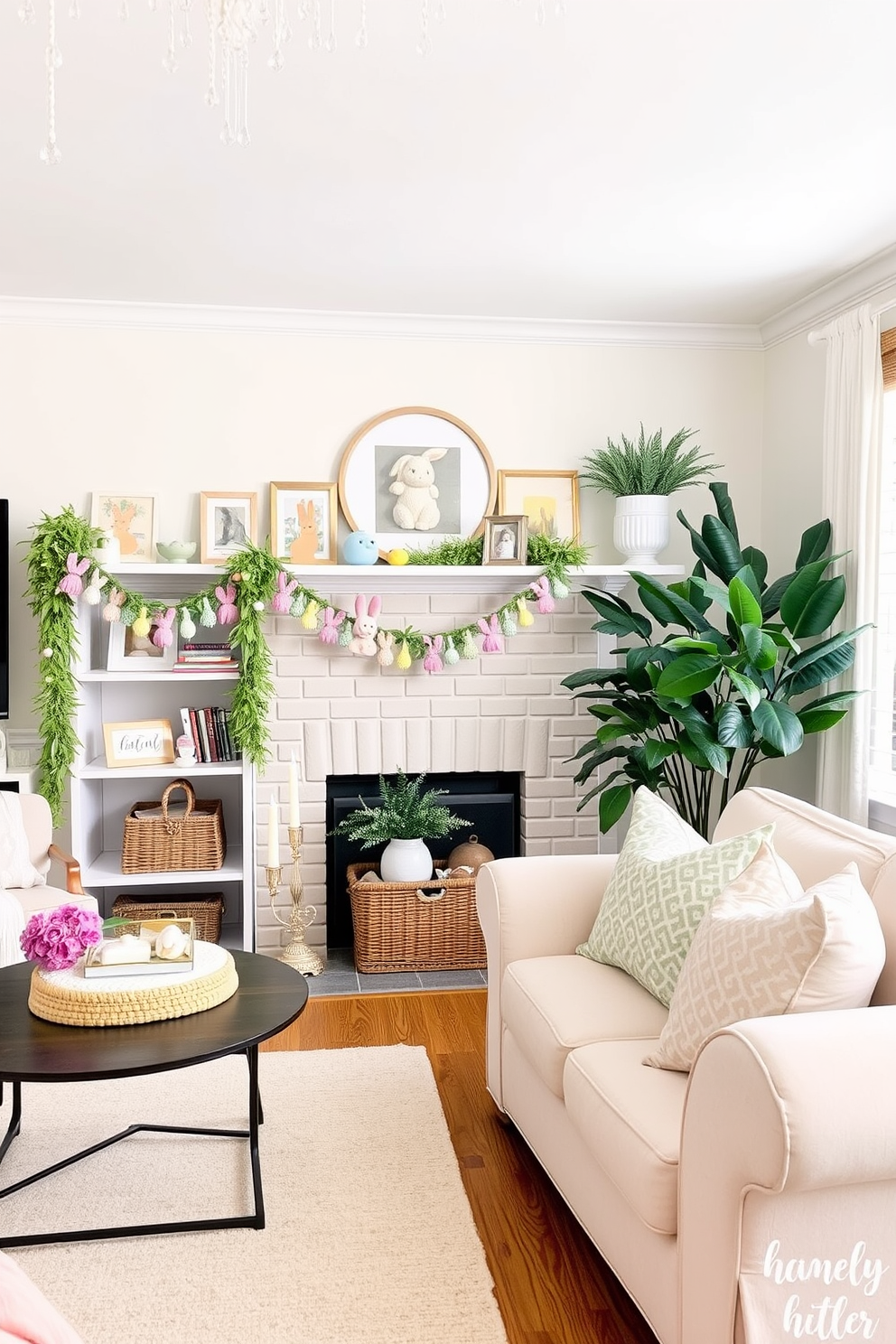 A cozy living room adorned with whimsical bunny garlands draped over the shelves. The garlands are colorful and playful, adding a festive touch to the space while complementing the soft pastel hues of the decor.