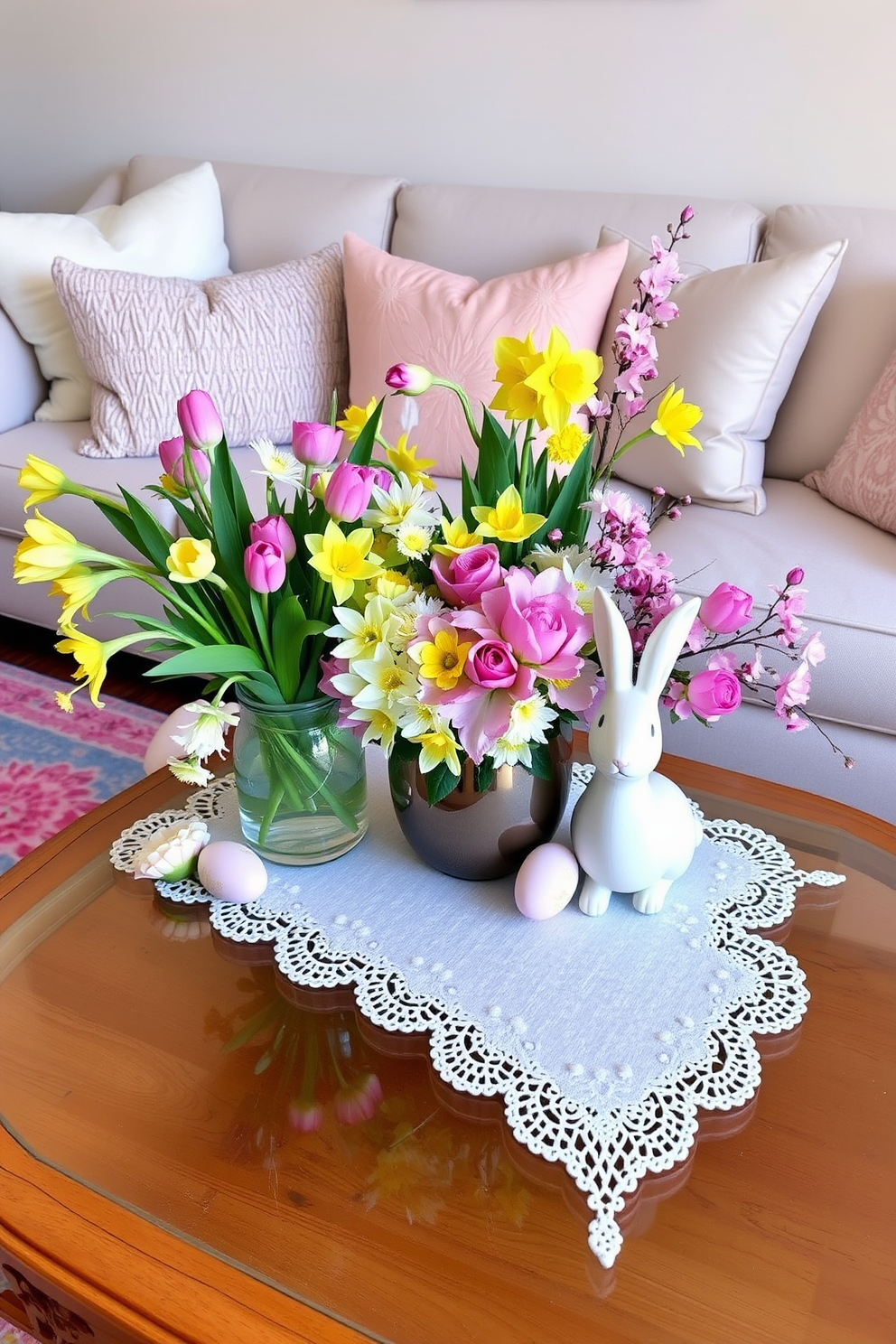 A vibrant coffee table adorned with spring floral arrangements featuring tulips, daffodils, and cherry blossoms in a variety of pastel colors. The living room is decorated for Easter with soft pastel cushions, a bunny figurine, and an elegant table runner that complements the floral display.