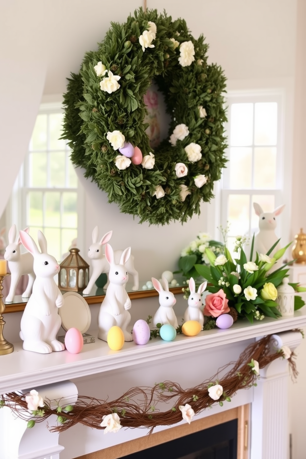 A charming living room adorned for Easter with bunny figurines gracefully arranged on the mantelpiece. The mantel is decorated with pastel-colored eggs and spring flowers, creating a festive and inviting atmosphere.