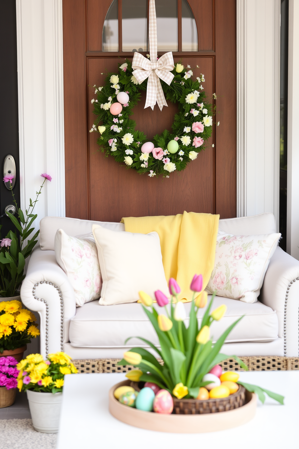 A beautifully crafted Easter wreath adorned with pastel-colored eggs and delicate flowers hangs on the front door, welcoming guests with a festive charm. Surrounding the door, potted spring flowers in vibrant hues add a lively touch to the entrance. Inside the living room, a cozy arrangement features a plush sofa draped with a light throw in soft yellow, complemented by decorative pillows in floral patterns. A coffee table is adorned with a centerpiece of fresh tulips and a collection of colorful Easter eggs, creating a cheerful and inviting atmosphere.