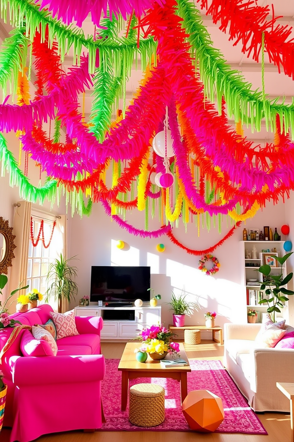 A vibrant living room adorned with colorful garlands hanging gracefully from the ceiling. The space is filled with festive decorations that evoke the spirit of Easter, creating a cheerful and inviting atmosphere.