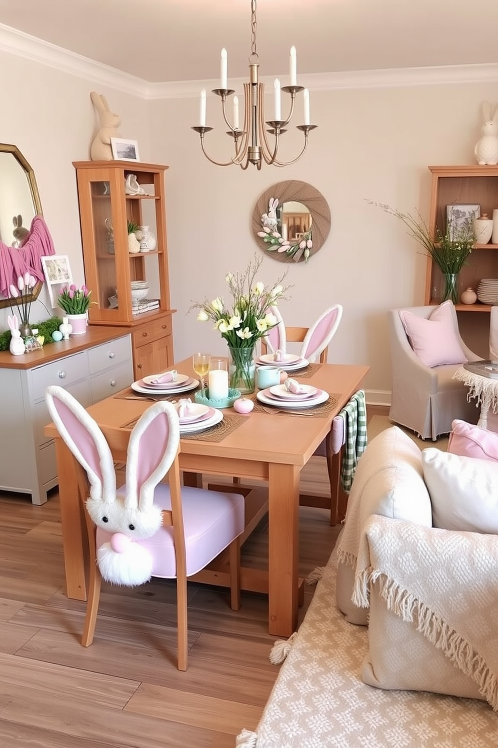 Create a charming dining area featuring dining chairs adorned with cute bunny ears. The table is set with pastel-colored plates and spring-themed decorations, creating a festive atmosphere for Easter. Design a cozy living room that embraces the spirit of Easter with playful decorations. Incorporate soft cushions and throws in pastel hues, along with bunny-themed accents to enhance the cheerful ambiance.