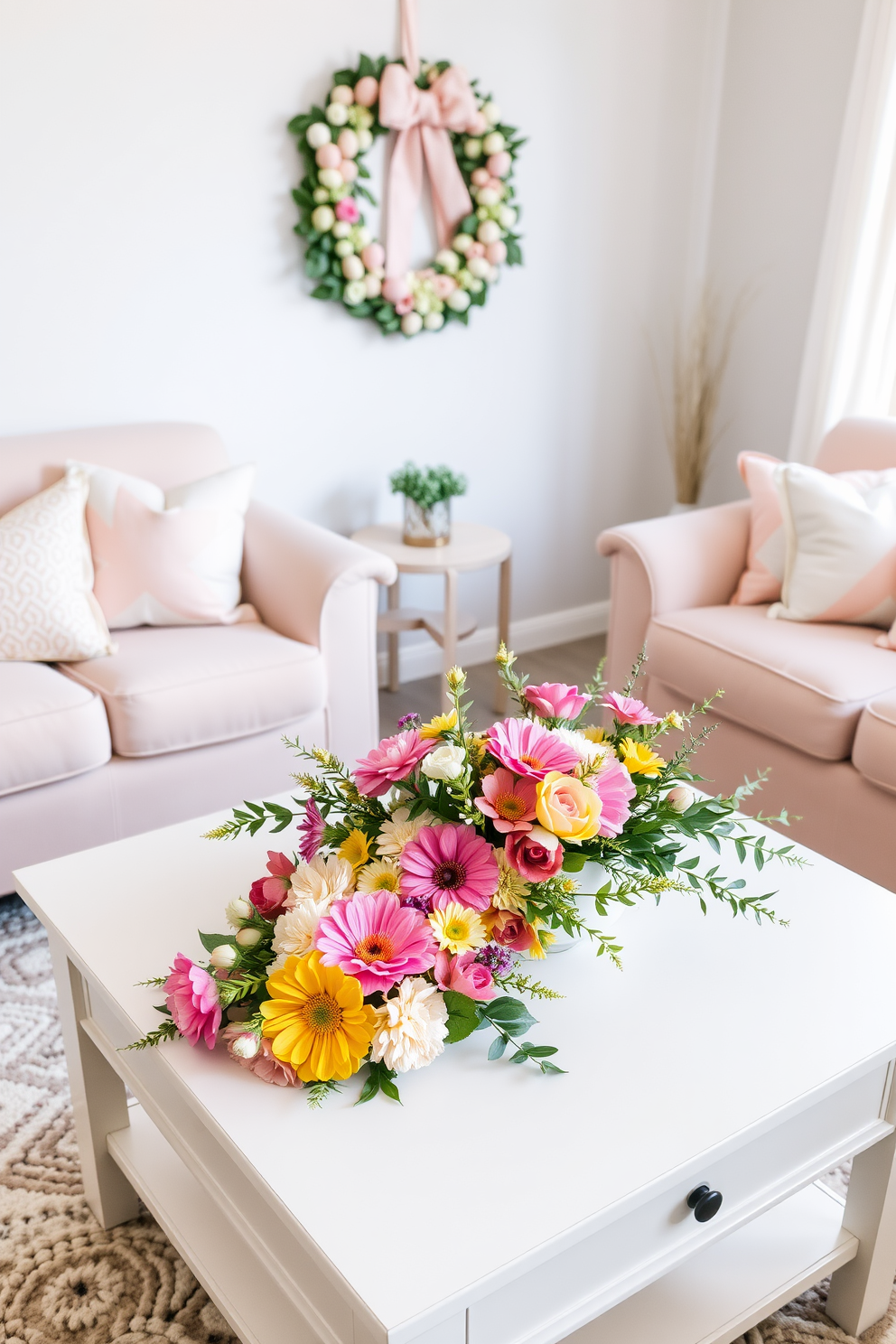 A beautiful living room setting featuring a coffee table adorned with a floral table runner. The runner showcases vibrant blooms in shades of pink, yellow, and green, complementing the soft pastel decor of the room. Surrounding the coffee table are plush sofas with pastel-colored cushions, creating a cozy atmosphere. In the background, a decorative Easter wreath hangs on the wall, adding a festive touch to the space.