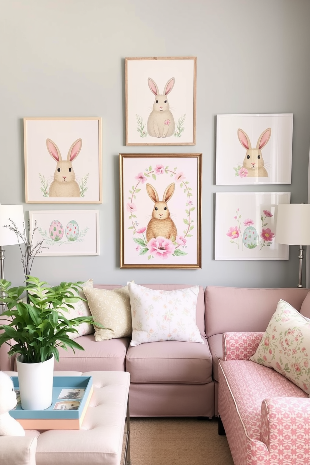 Easter themed art prints adorn the walls of a cozy living room. The decor features pastel colors, with a mix of floral patterns and bunny motifs to create a festive atmosphere.