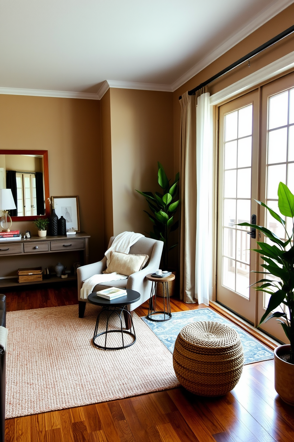 Cozy reading nook by the window. A plush armchair with a soft throw blanket is positioned next to a large window, allowing natural light to flood the space. A small side table holds a stack of books and a steaming cup of tea. The walls are painted in a warm beige tone, and a woven rug adds texture to the hardwood floor. Living Room Entryway Design Ideas. A stylish console table with decorative items and a large mirror creates an inviting first impression. The entryway features a vibrant area rug that complements the color scheme of the living room. Potted plants on either side of the door add a touch of greenery and warmth.