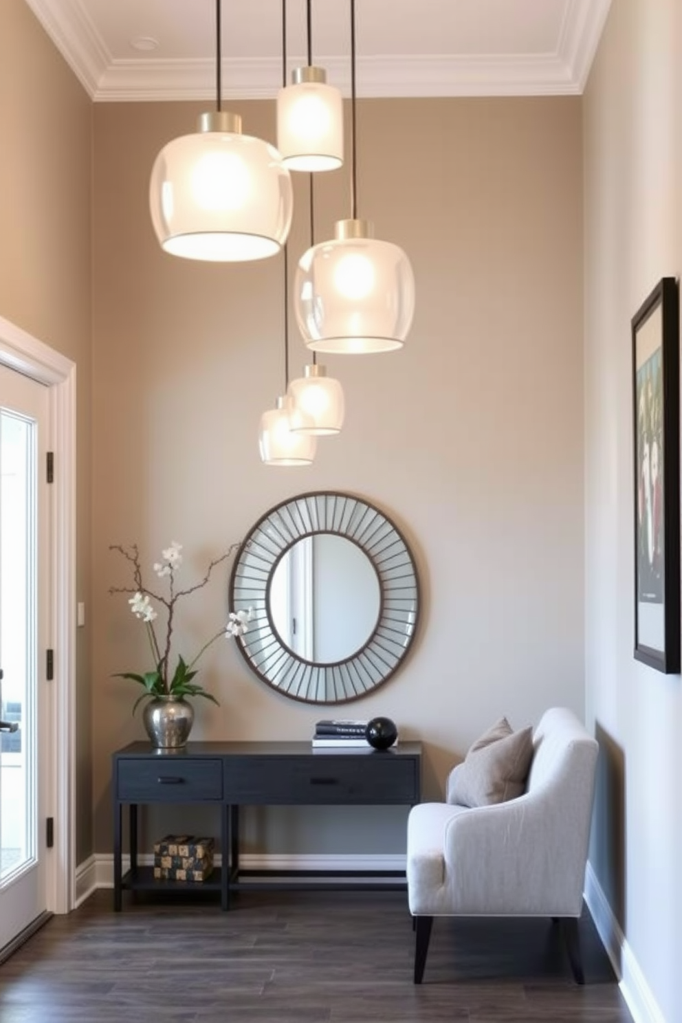 A stylish living room entryway features hanging pendant lights that create a warm and inviting ambiance. The entryway is adorned with a sleek console table, a decorative mirror, and a cozy bench for seating.