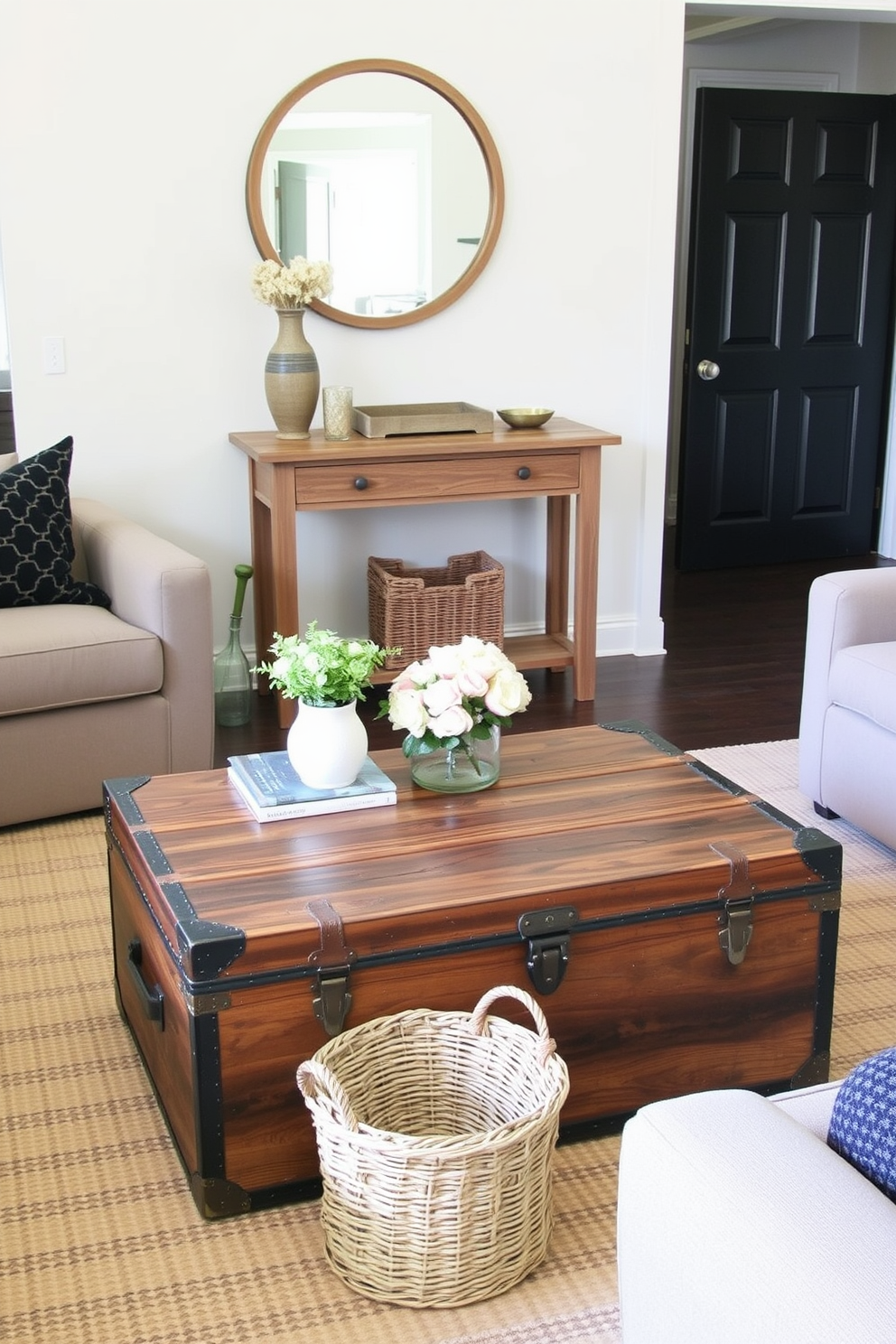 A vintage trunk serves as a unique coffee table in a cozy living room. Surrounding the trunk are a plush sofa and armchairs, creating an inviting space for relaxation and conversation. The entryway features a charming console table made of reclaimed wood. Above the table, a round mirror reflects natural light, while a woven basket below adds texture and storage.