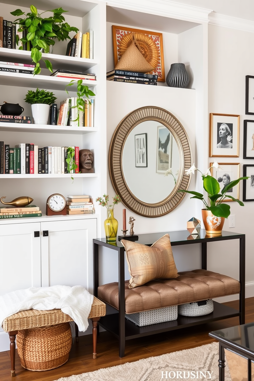 Open shelving for decorative displays. The shelves are filled with an eclectic mix of books, plants, and unique decorative objects that add personality to the space. Living room entryway design ideas. The entryway features a stylish console table with a statement mirror above it, complemented by a cozy bench and a collection of framed artwork on the walls.