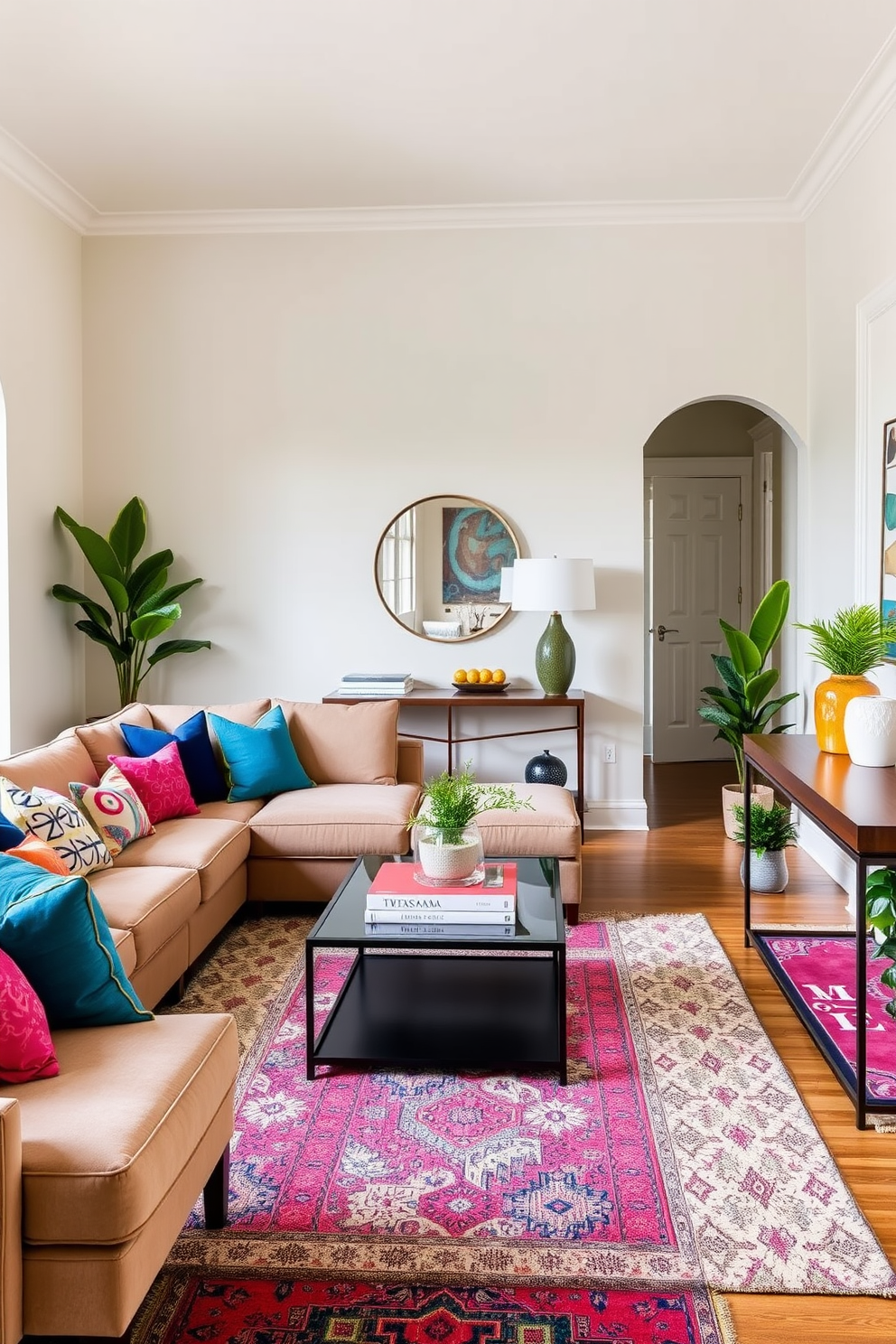 Colorful throw pillows are scattered across a plush sectional sofa, adding vibrant splashes of color to the neutral-toned living room. A cozy area rug anchors the space, while a stylish coffee table holds a few art books and a decorative tray. The entryway features a sleek console table topped with a statement lamp and a decorative mirror that reflects natural light. A vibrant runner rug leads guests into the home, complemented by a few potted plants flanking the entrance for a welcoming touch.