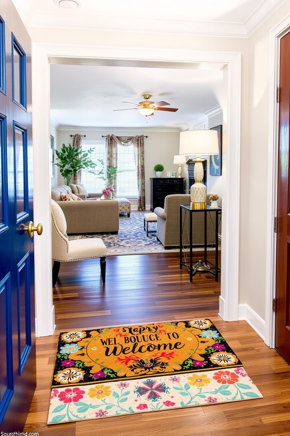 A welcoming doormat with personality greets guests at the entryway. The mat features a playful quote surrounded by colorful patterns that reflect the home's vibrant style. The living room entryway is designed with a blend of comfort and elegance. A stylish console table sits against the wall, adorned with decorative items and a chic lamp to create a warm atmosphere.