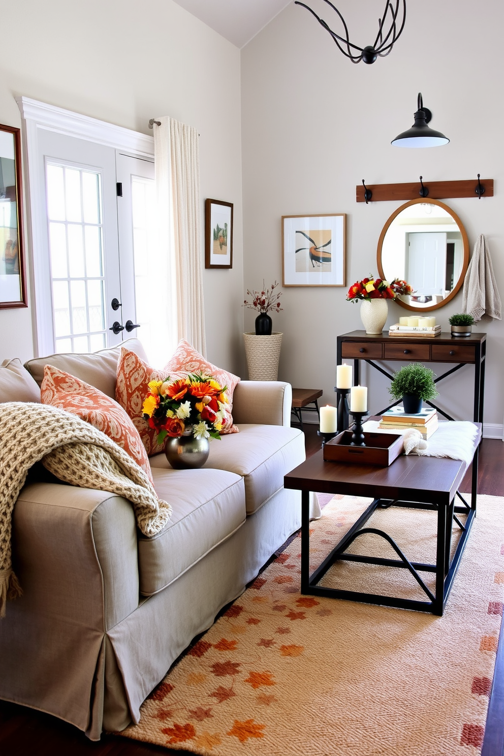 Seasonal decor for a fresh look. The living room features a cozy arrangement of a plush sofa adorned with seasonal throw pillows and a warm knitted blanket draped over the armrest. The coffee table is styled with a centerpiece of seasonal flowers in a decorative vase, and candles of varying heights create an inviting ambiance. A soft area rug with autumn hues anchors the space, while framed artwork on the walls reflects the colors of the season. Entryway design ideas. The entryway showcases a stylish console table topped with a decorative mirror and a small potted plant for a touch of greenery. A chic bench provides seating, while hooks on the wall offer a practical solution for hanging coats and bags. The floor is adorned with a welcoming runner rug that adds warmth, and a statement light fixture illuminates the space, setting the tone for the rest of the home.