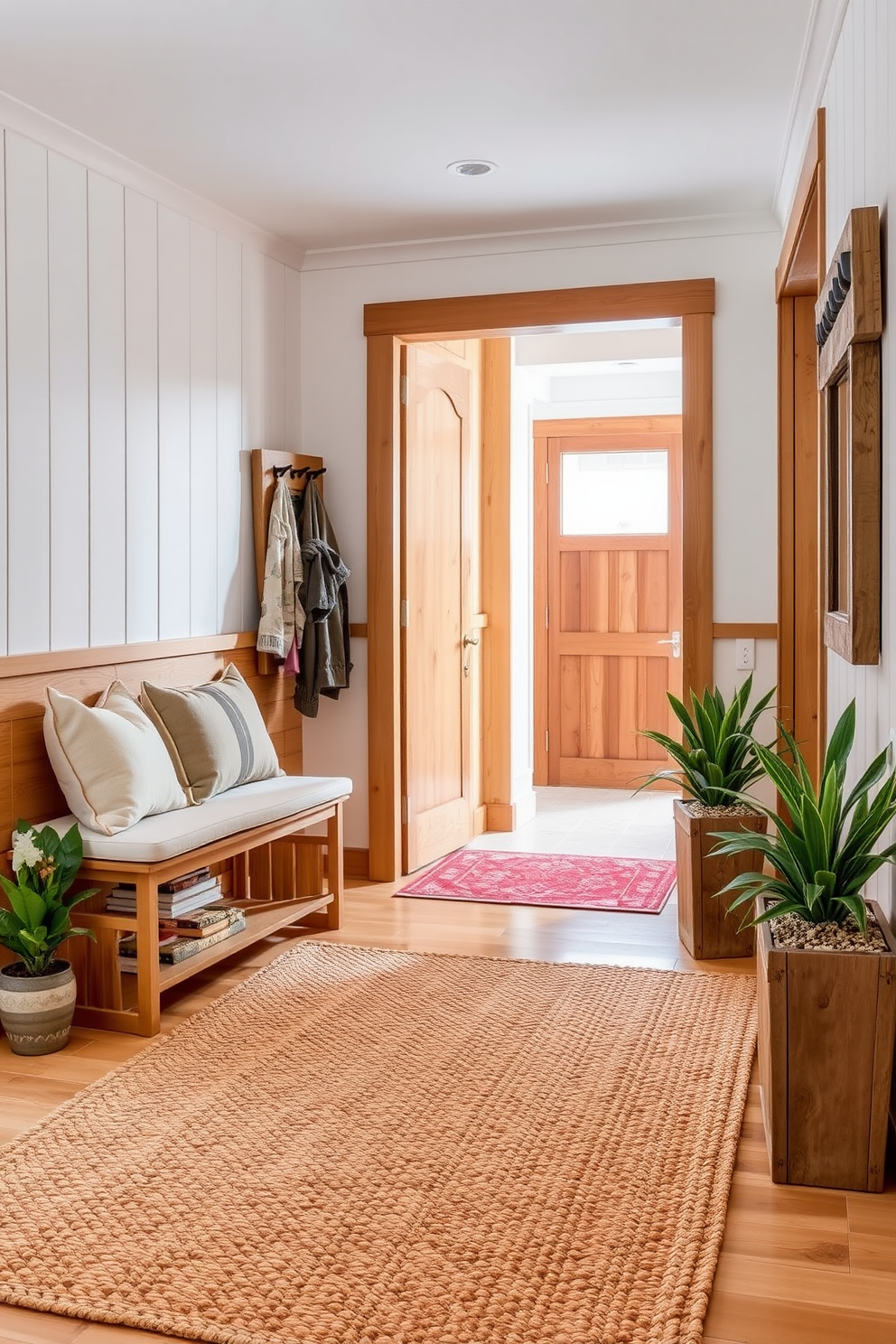 A cozy living room entryway featuring natural wood accents that create a warm and inviting atmosphere. The walls are adorned with light-colored paneling, and a wooden bench with plush cushions sits against one side, complemented by a stylish coat rack made of reclaimed wood. A large, woven area rug anchors the space, adding texture and comfort underfoot. Potted plants in decorative planters are strategically placed to bring a touch of nature indoors, enhancing the overall warmth of the design.