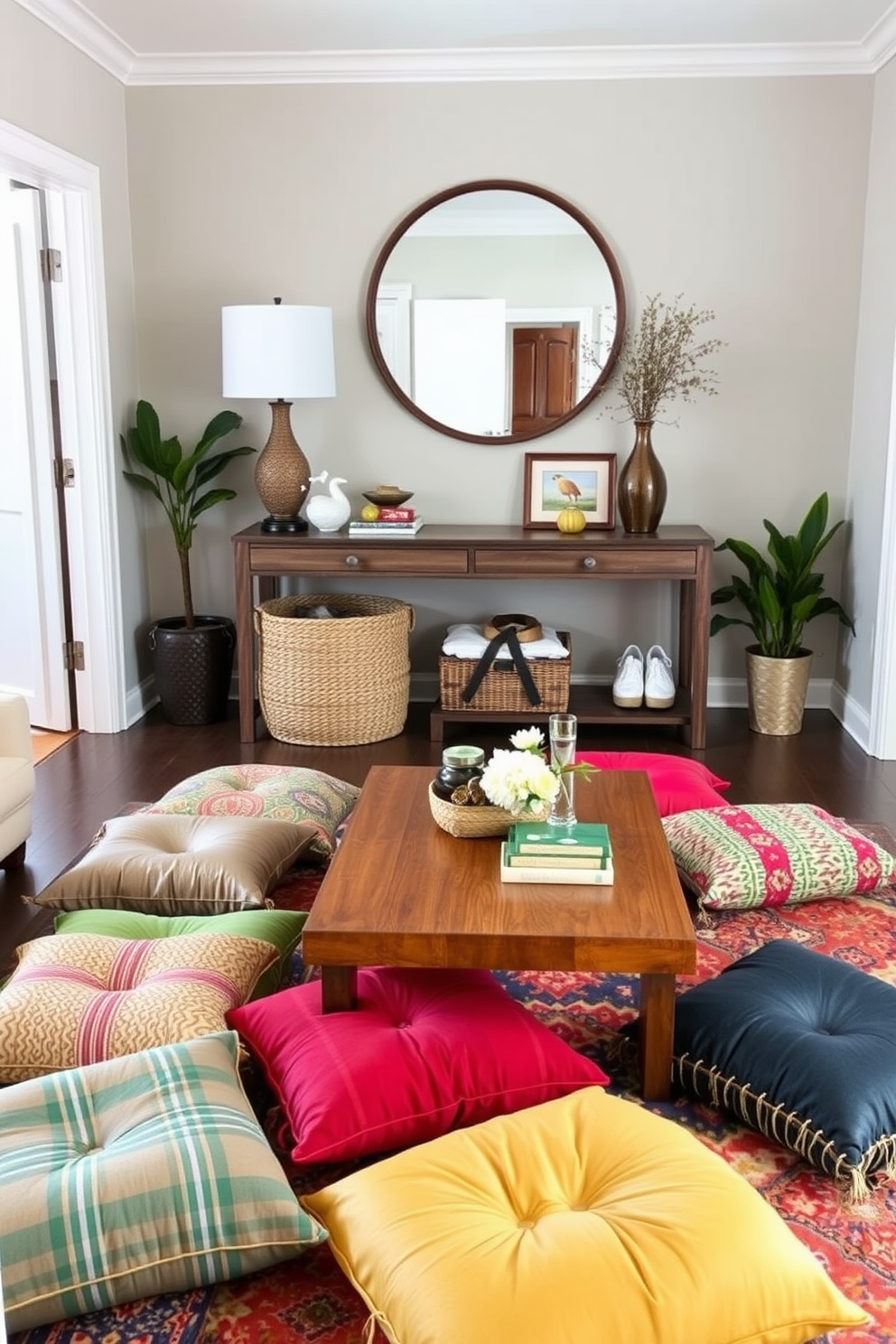 A cozy living room features an array of colorful floor cushions scattered around a low wooden coffee table. The cushions, in various textures and patterns, invite relaxation and casual gatherings among friends and family. The entryway showcases a stylish console table topped with decorative items and a large round mirror. A woven basket is placed beneath the table, providing storage for shoes, while a vibrant rug adds warmth and character to the space.