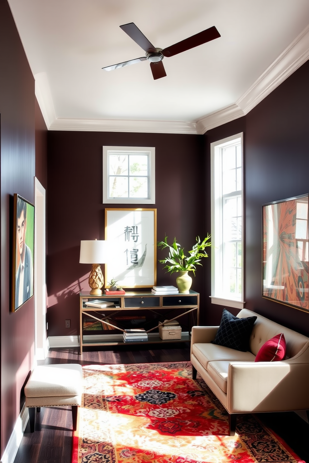 A living room entryway featuring a bold accent wall adorned with striking artwork. The space is illuminated by natural light streaming through large windows, highlighting a stylish console table and a vibrant area rug.