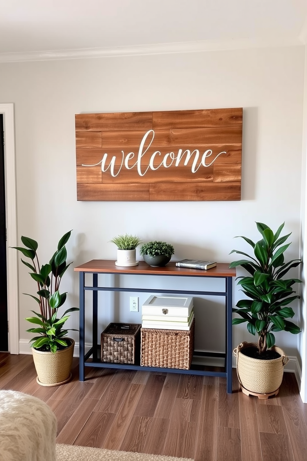 A cozy living room entryway featuring a personalized welcome sign made of reclaimed wood. The sign is adorned with elegant script and surrounded by potted plants and a stylish console table.