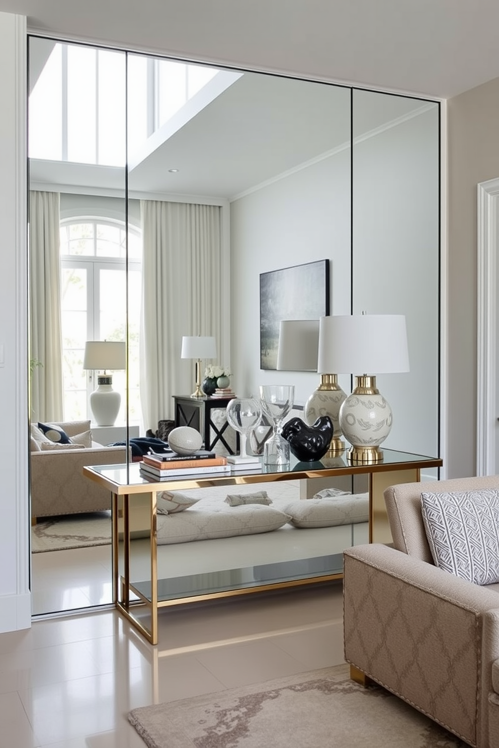 A stylish living room entryway features a mirrored wall that creates an illusion of more space and reflects natural light. The entryway is adorned with a sleek console table topped with decorative items and a statement lamp, enhancing the overall elegance of the design.