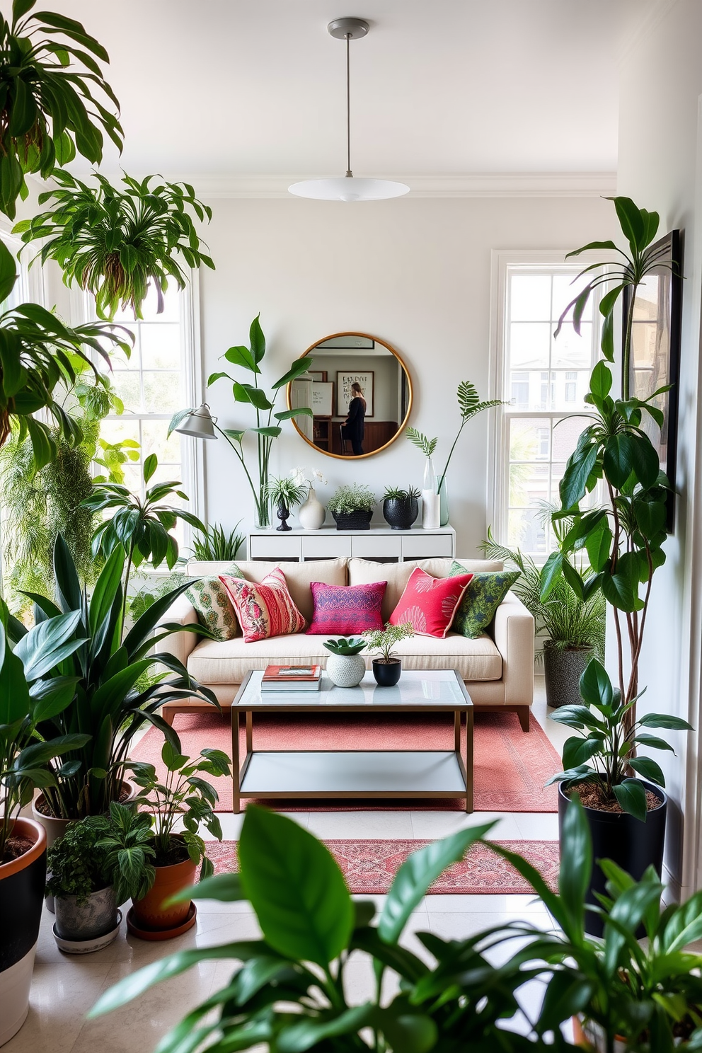 A bright and inviting living room filled with various houseplants that bring a fresh and lively atmosphere. The space features a comfortable sofa adorned with colorful cushions, a stylish coffee table, and large windows allowing natural light to flood in. An elegant entryway that welcomes guests with a mix of greenery and decorative elements. The area includes a sleek console table, a round mirror above it, and potted plants that frame the entrance, creating a warm and inviting first impression.