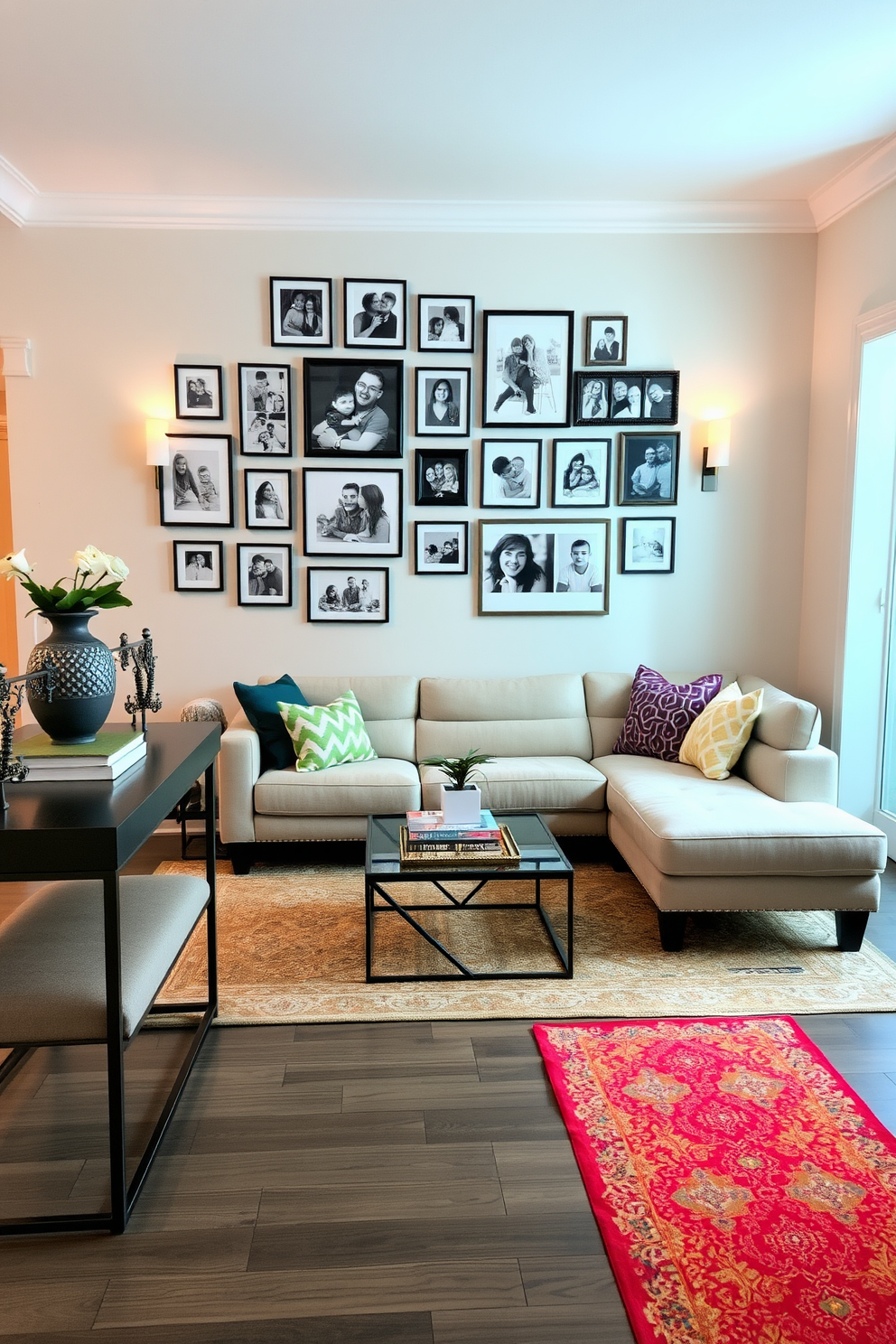 A gallery wall adorned with a mix of family photos in various frames creates a warm and inviting atmosphere. The arrangement features black and white images alongside colorful snapshots, complemented by decorative wall sconces that add soft lighting. The living room is designed with a cozy sectional sofa in a neutral tone, accented by vibrant throw pillows. A large area rug anchors the space, while a stylish coffee table sits at the center, surrounded by books and decorative objects. The entryway showcases a sleek console table topped with a decorative mirror and a small potted plant. A stylish bench provides seating, and a vibrant runner rug leads to the main living area, enhancing the welcoming feel of the space.